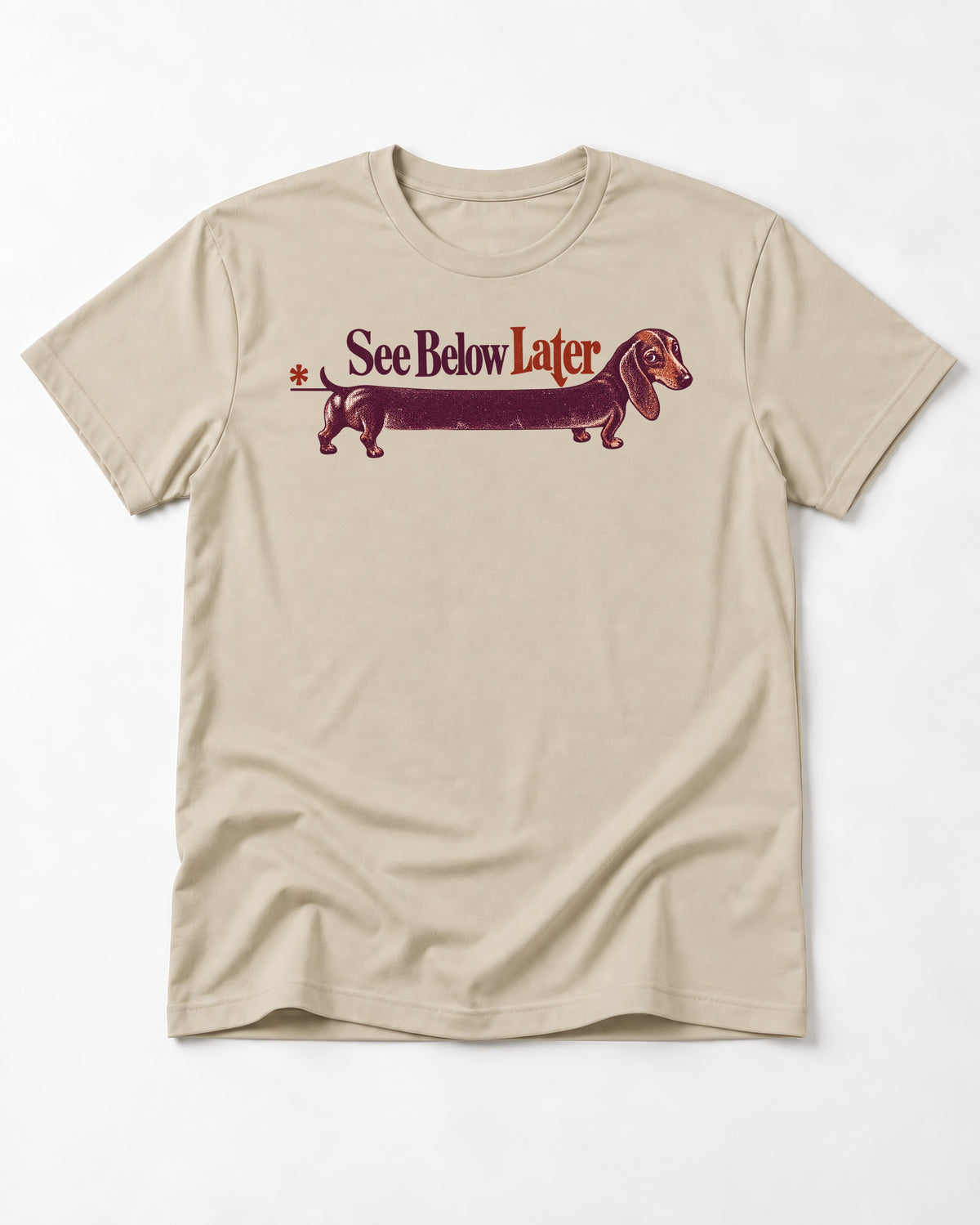 See Below Later Dachshund T-Shirt in Sand, flat lay product photo