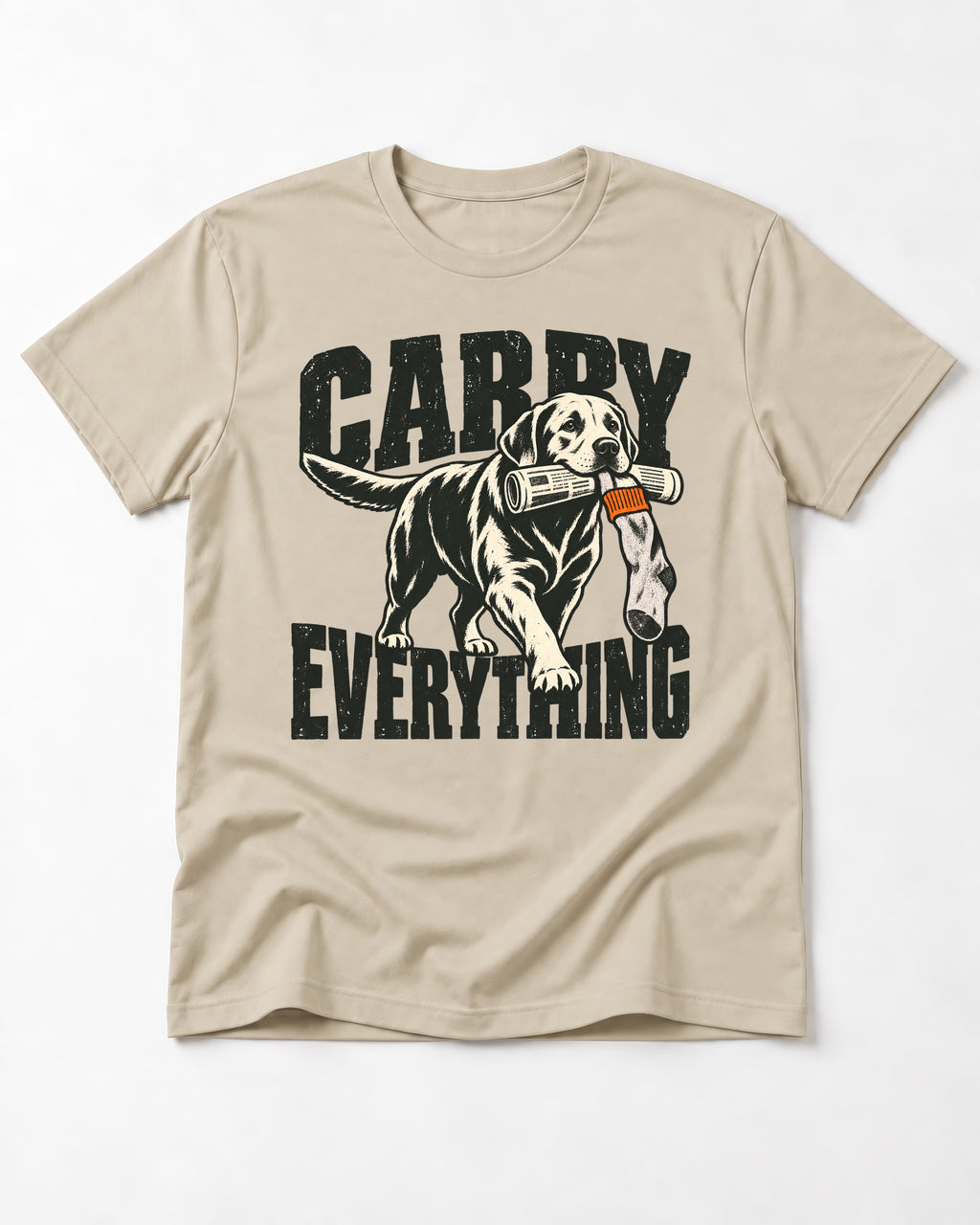 Carry Everything Labrador Retriever T-Shirt in Sand, flat lay product photo