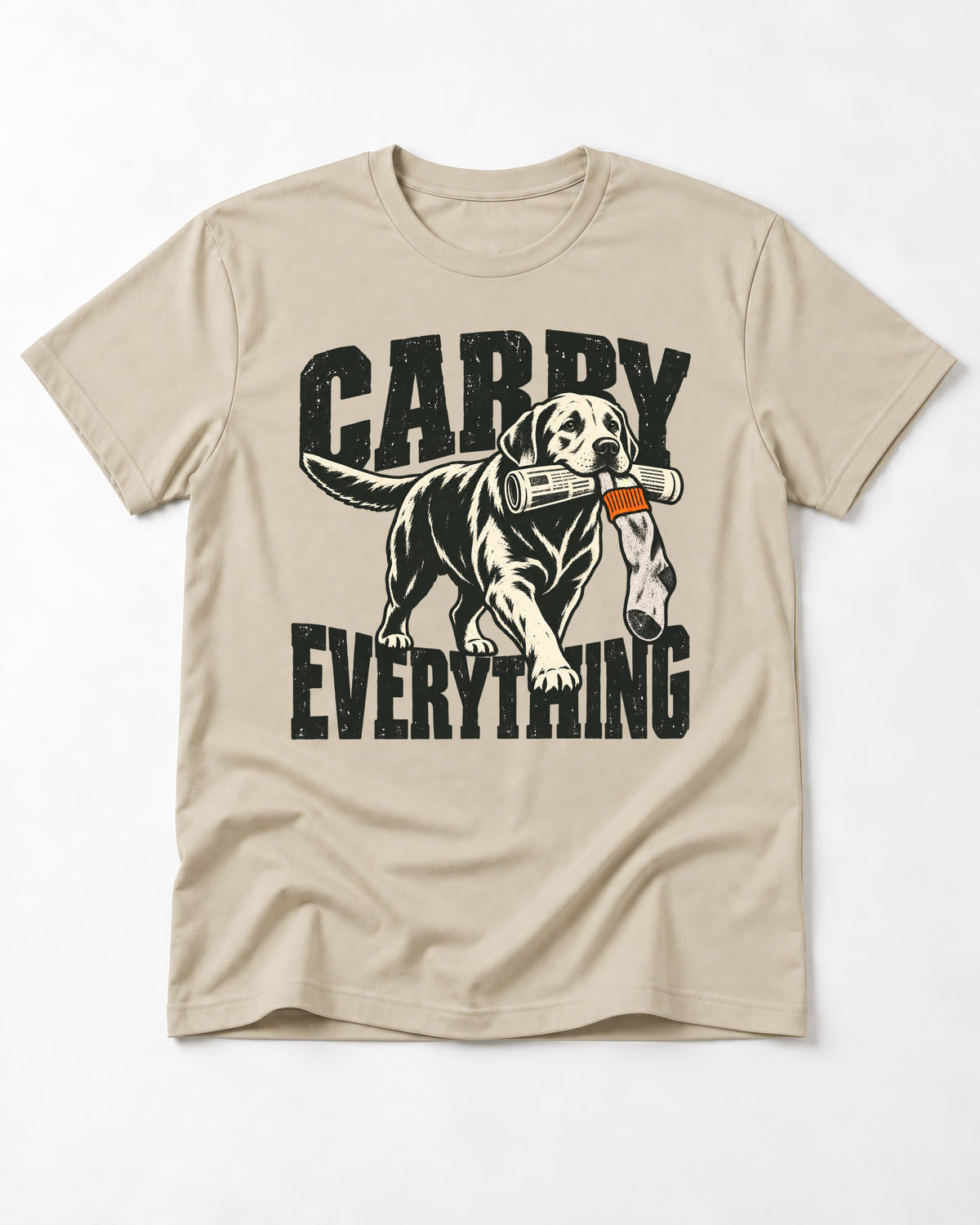 Carry Everything Labrador Retriever T-Shirt in Sand, flat lay product photo