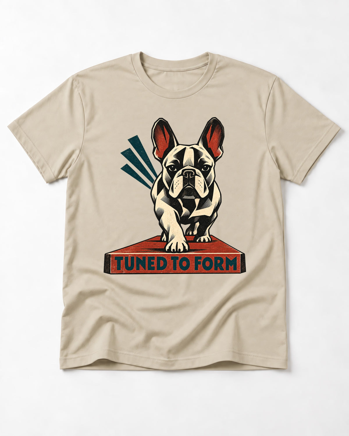 Frenchie Tuned to Form T-Shirt in Sand, flat lay product photo