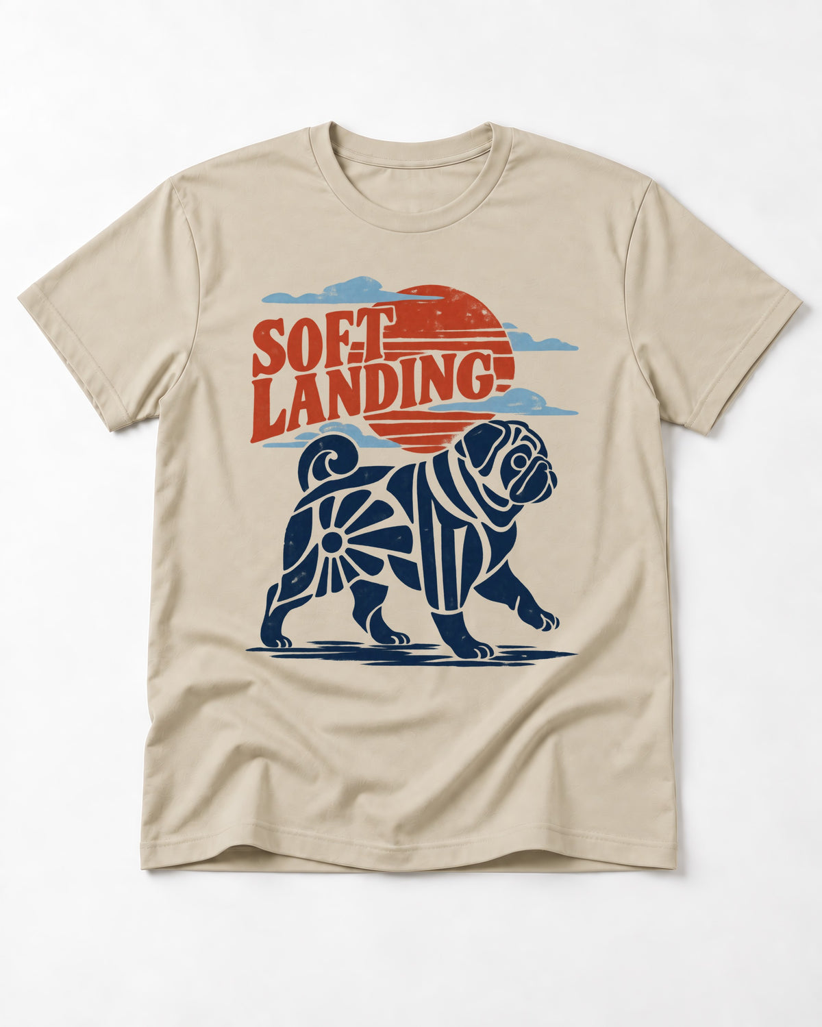 Pug's Soft Landing T-Shirt in Sand, flat lay product photo