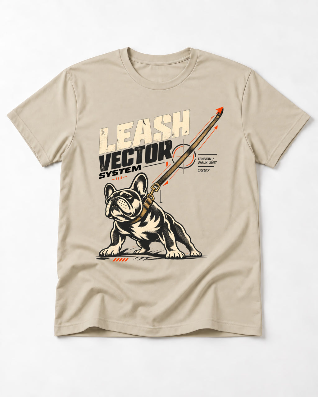 Frenchie Leash Vector T-Shirt in Sand, flat lay product photo