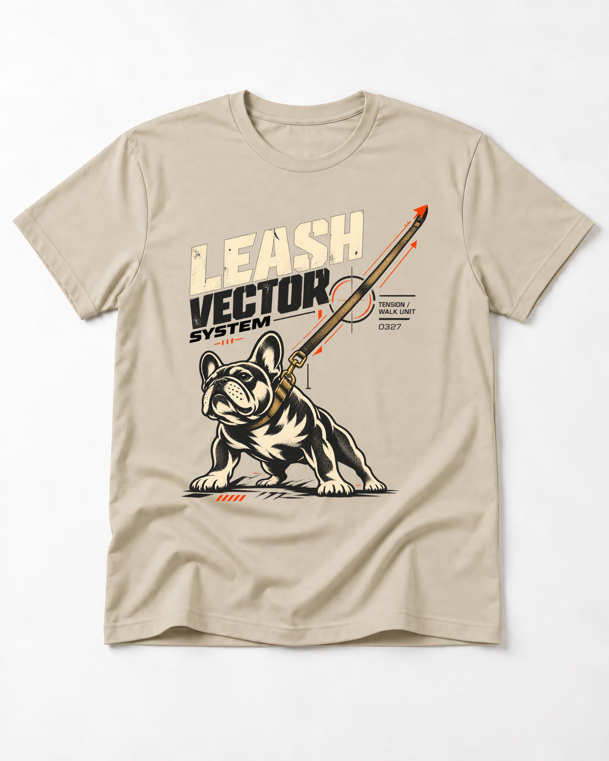 Frenchie Leash Vector T-Shirt in Sand, flat lay product photo