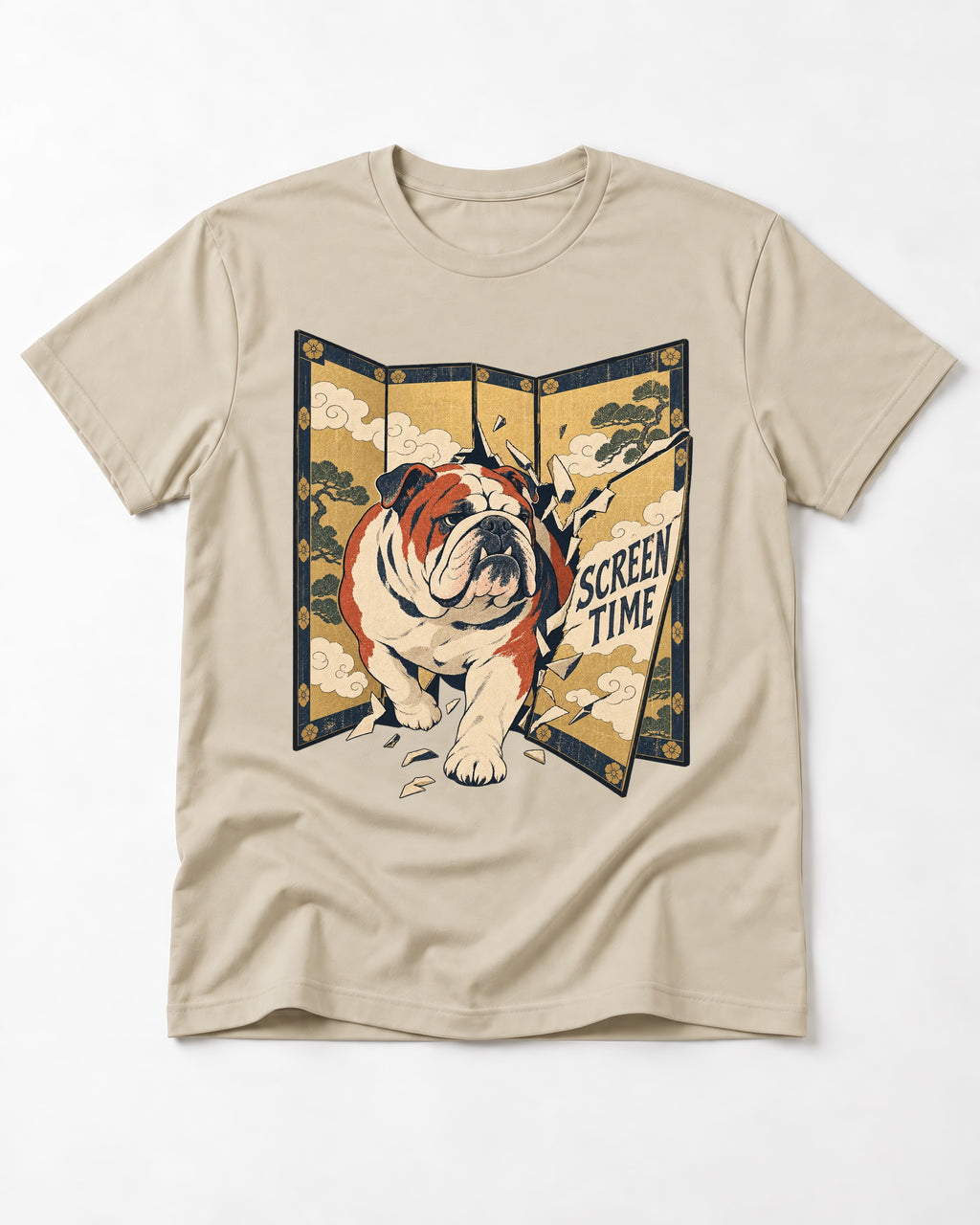 English Bulldog Screen Time T-Shirt in Sand, flat lay product photo