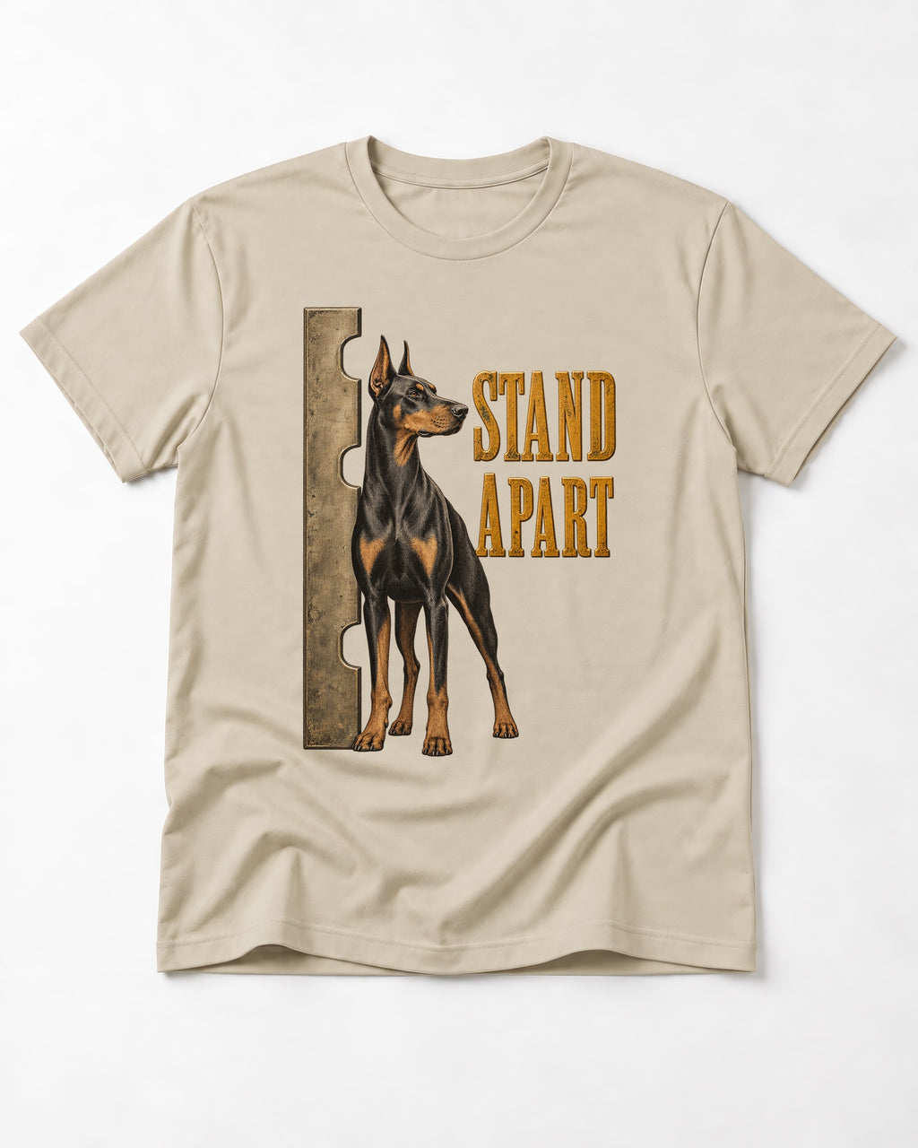 Doberman Stand Apart T-Shirt in Sand, flat lay product photo