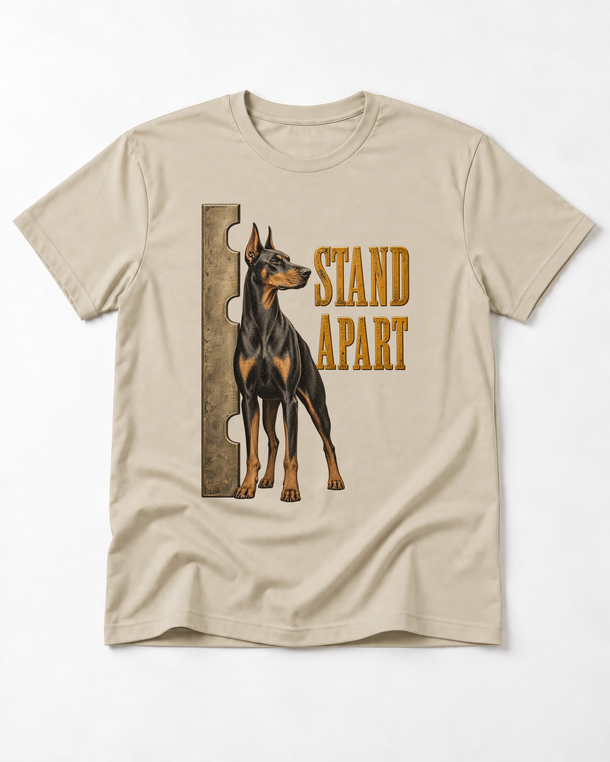 Doberman Stand Apart T-Shirt in Sand, flat lay product photo