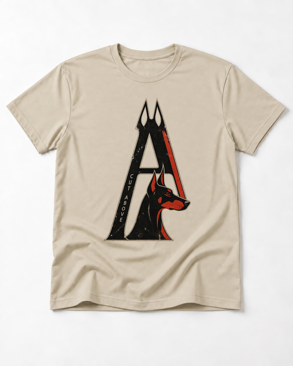Doberman A Cut Above T-Shirt in Sand, flat lay product photo