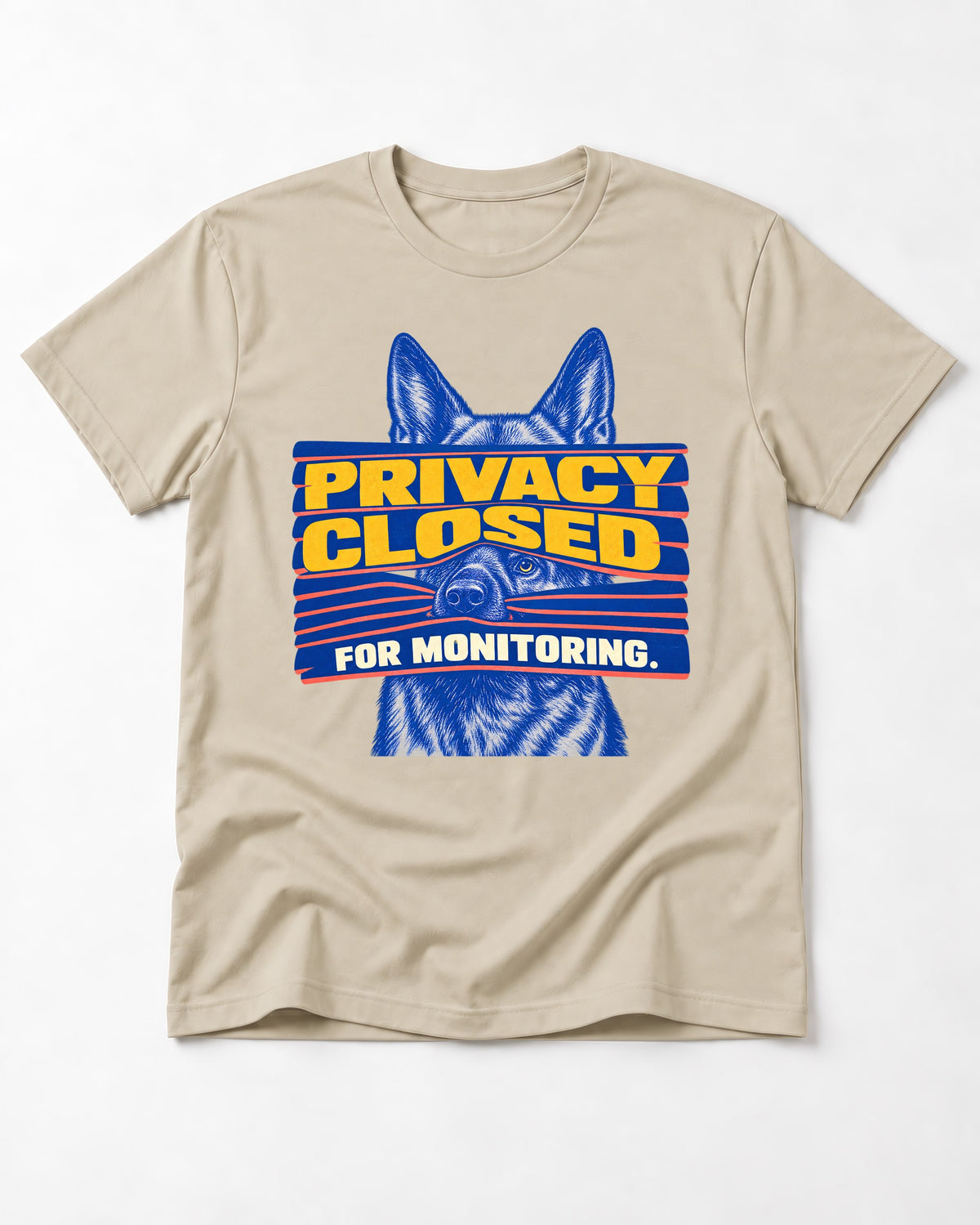 German Shepherd Dog Privacy Closed for Monitoring T-Shirt in Sand, flat lay product photo