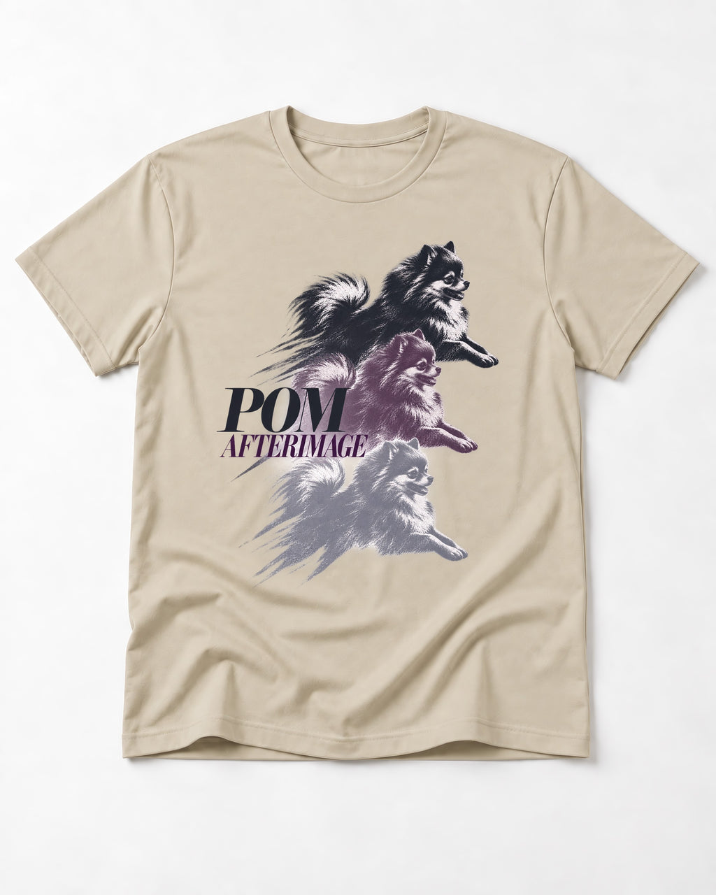 Pomeranian Afterimage T-Shirt in Sand, flat lay product photo