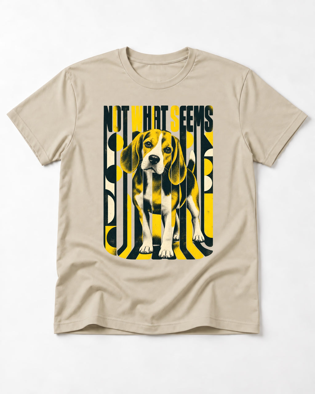 Not What It Seems Beagle T-Shirt in Sand, flat lay product photo