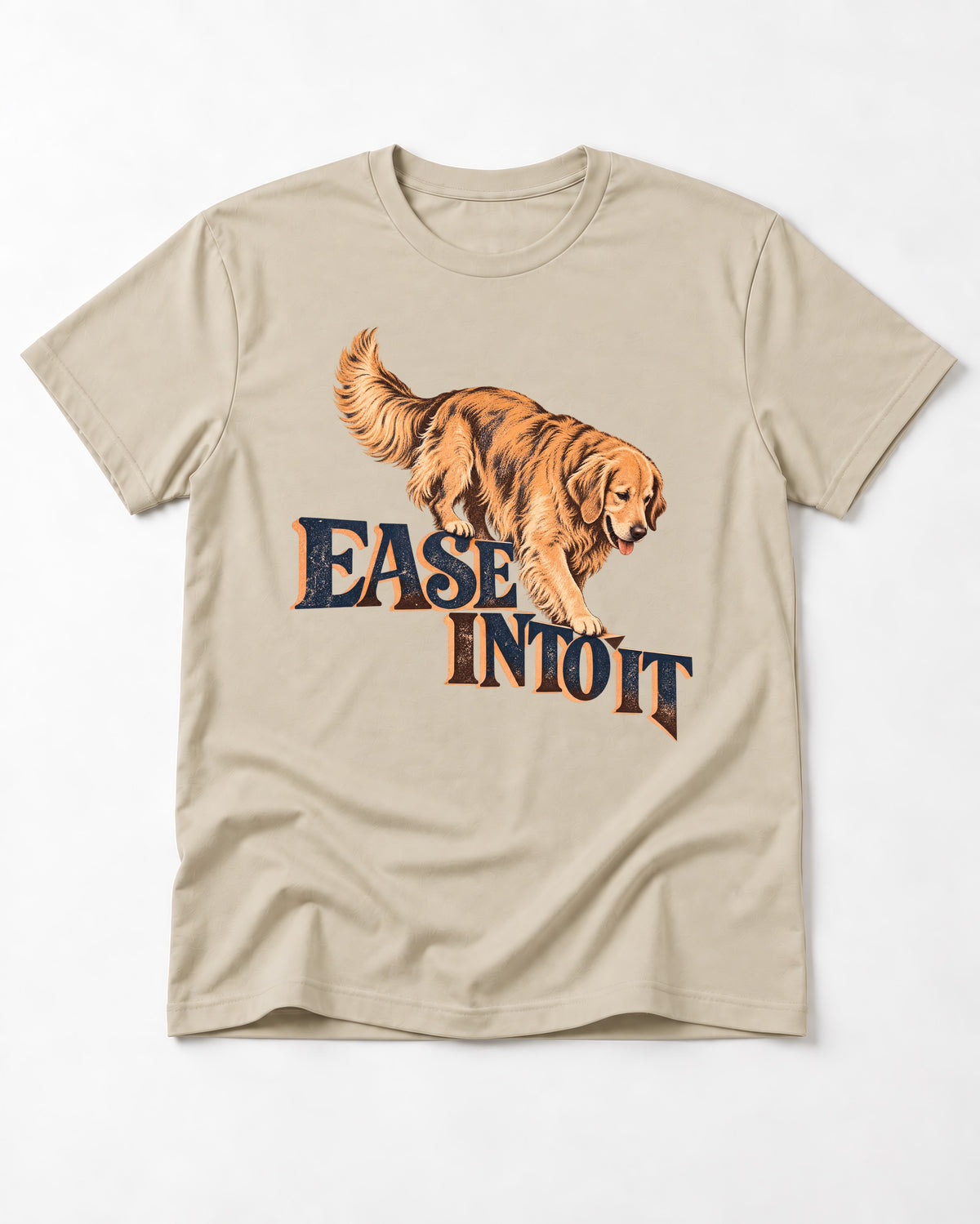Golden Retriever Ease Into It T-Shirt in Sand, flat lay product photo