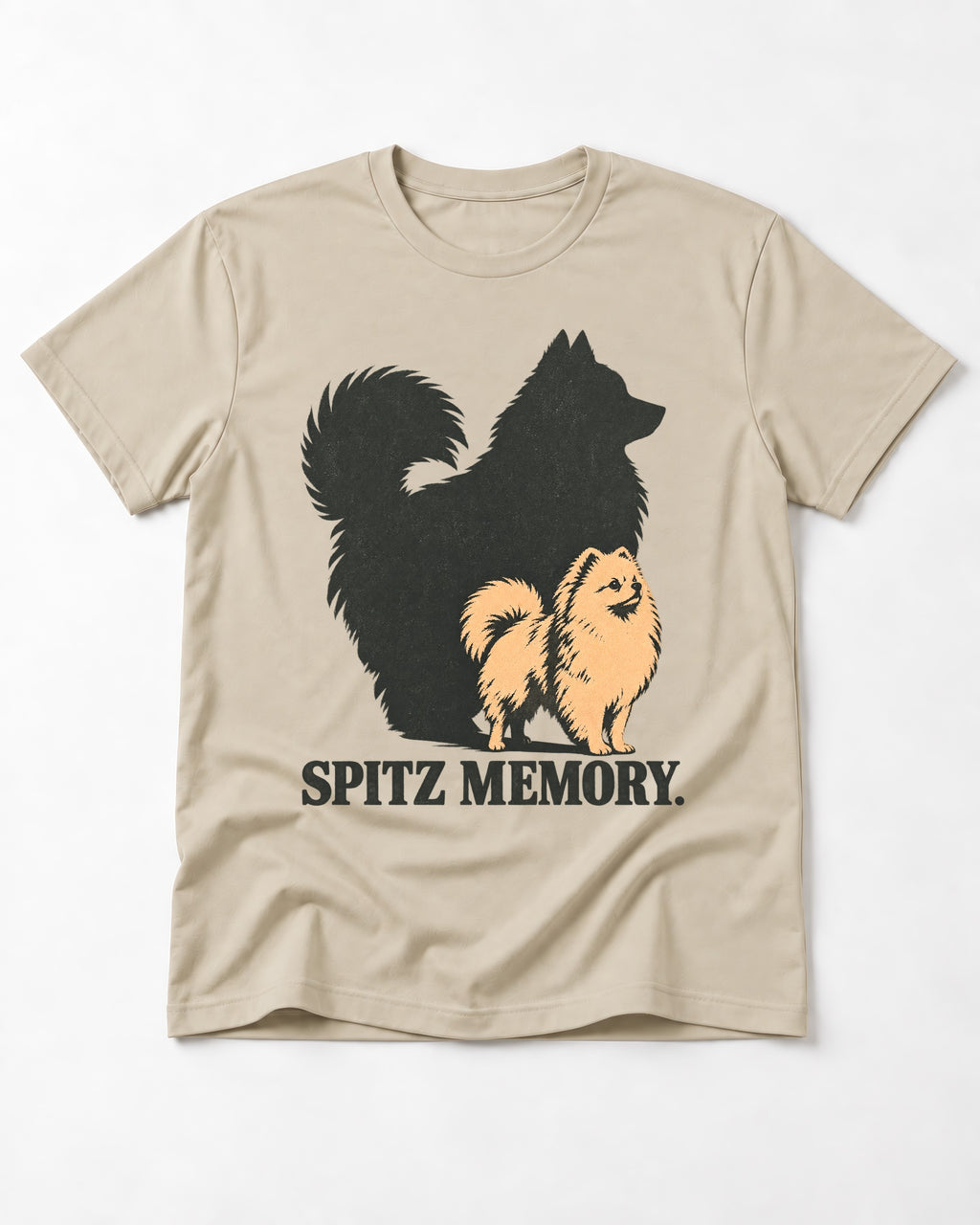 Pomeranian Spitz Memory T-Shirt in Sand, flat lay product photo