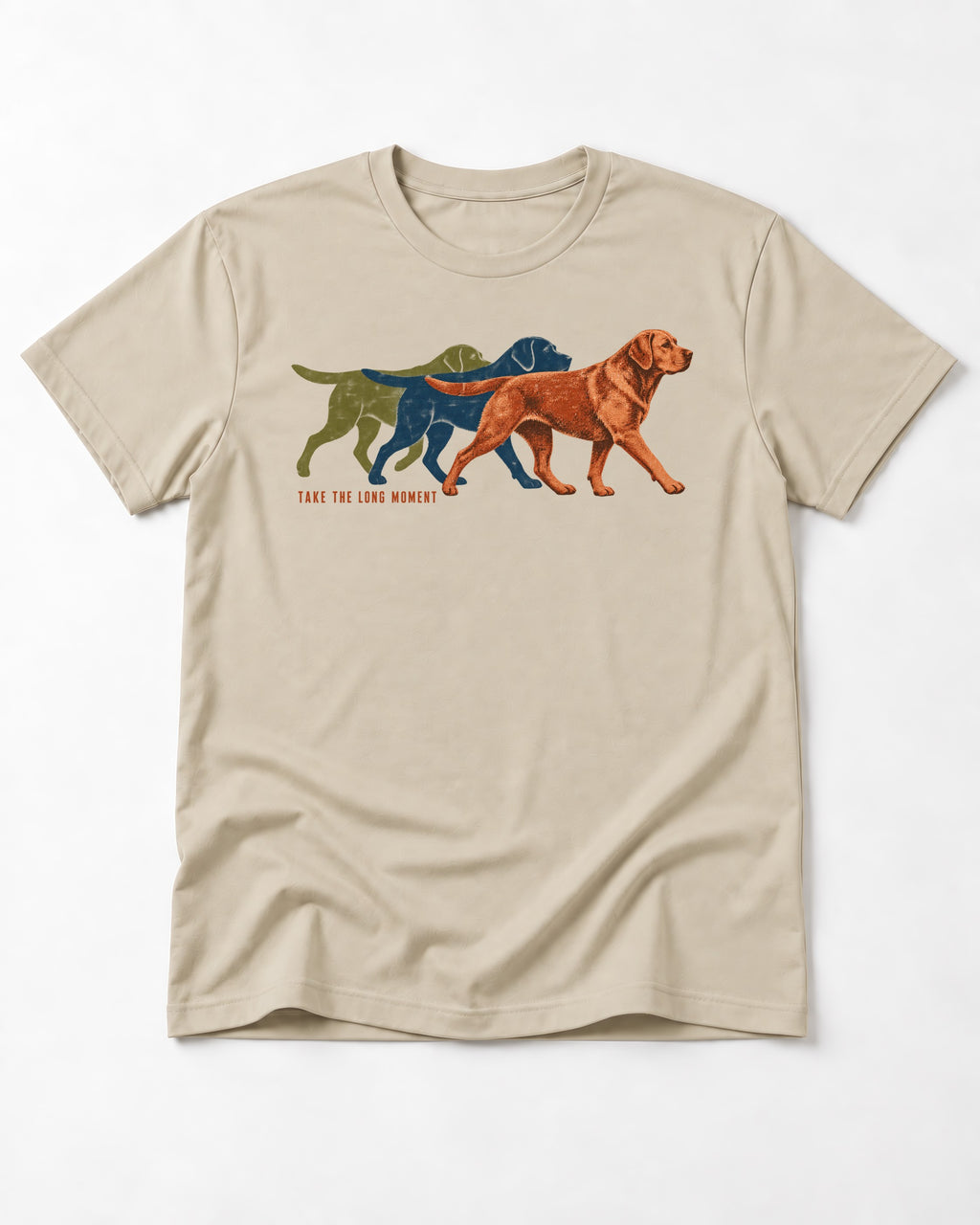 Take the Long Moment Labrador Retriever T-Shirt in Sand, flat lay product photo