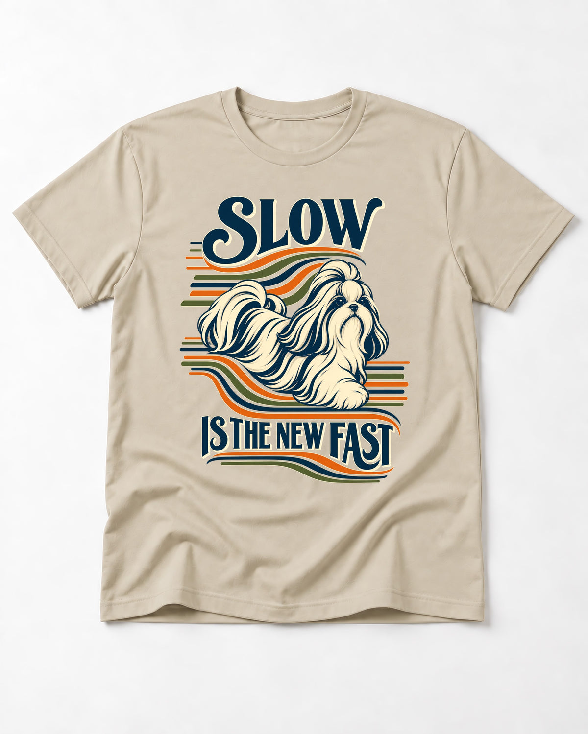 Slow Is Fast Shih Tzu T-Shirt in Sand, flat lay product photo
