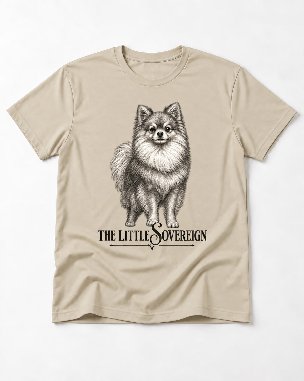 The Little Sovereign Pomeranian T-Shirt in Sand, flat lay product photo