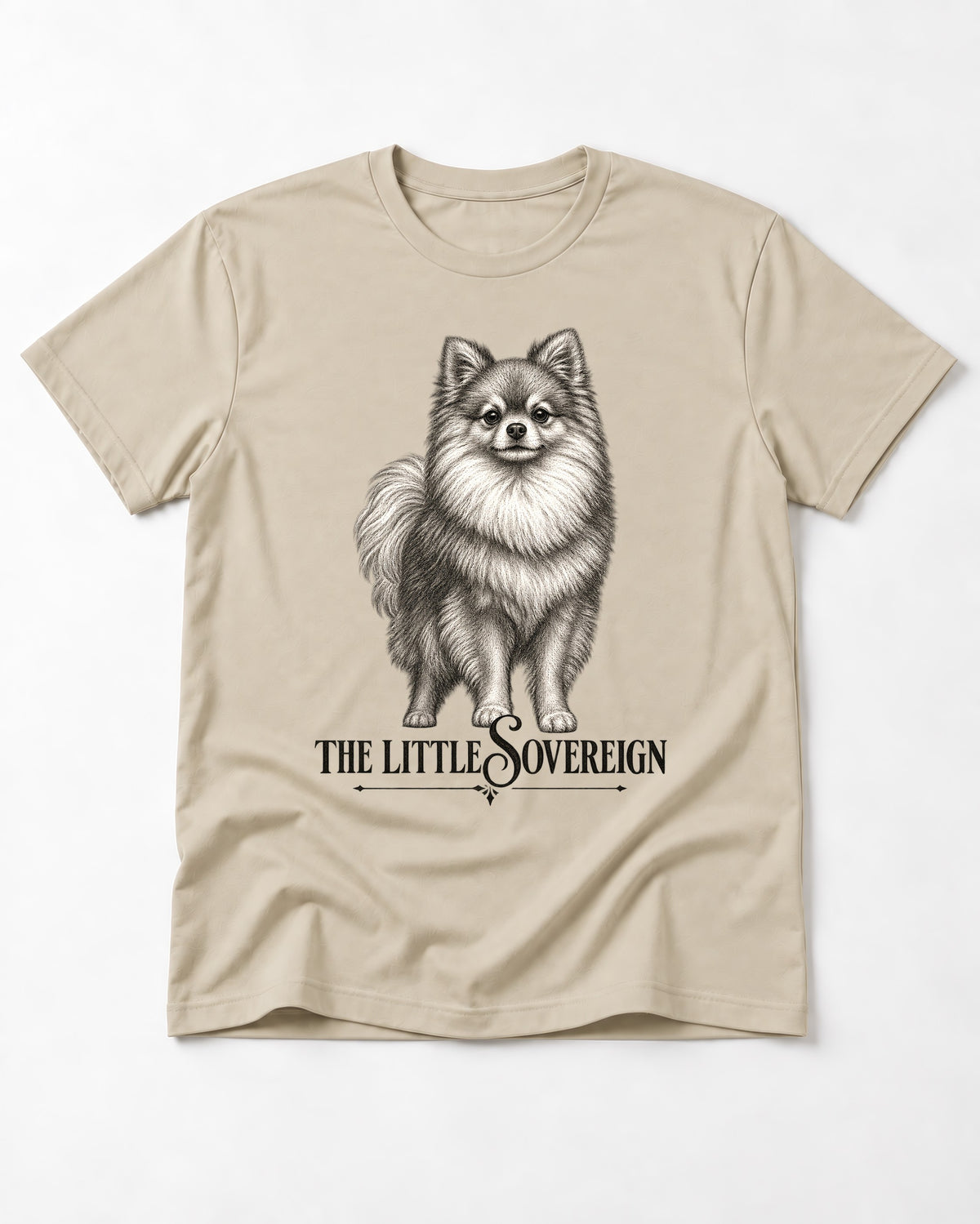 The Little Sovereign Pomeranian T-Shirt in Sand, flat lay product photo