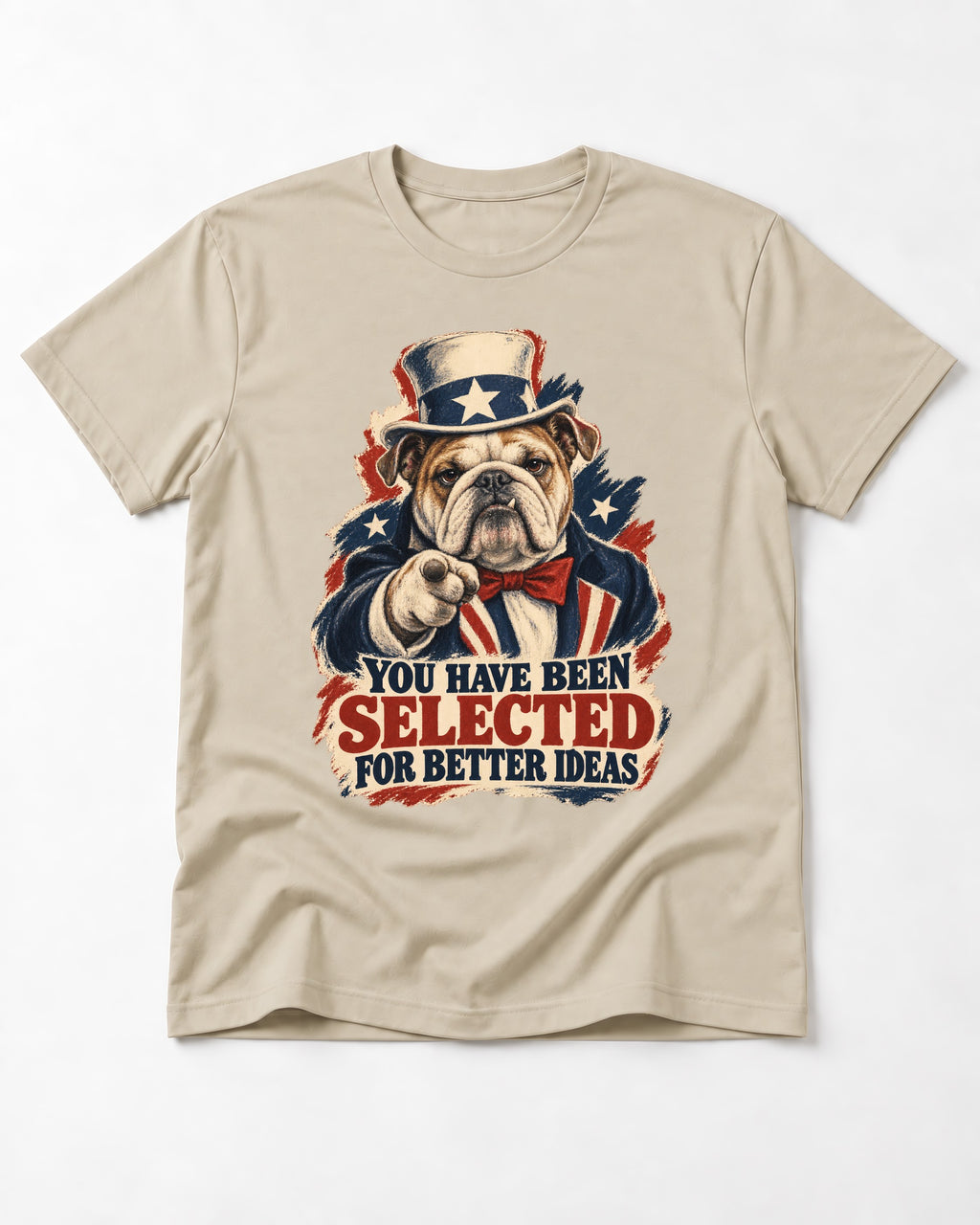 English Bulldog Selected for Better Ideas T-Shirt in Sand, flat lay product photo