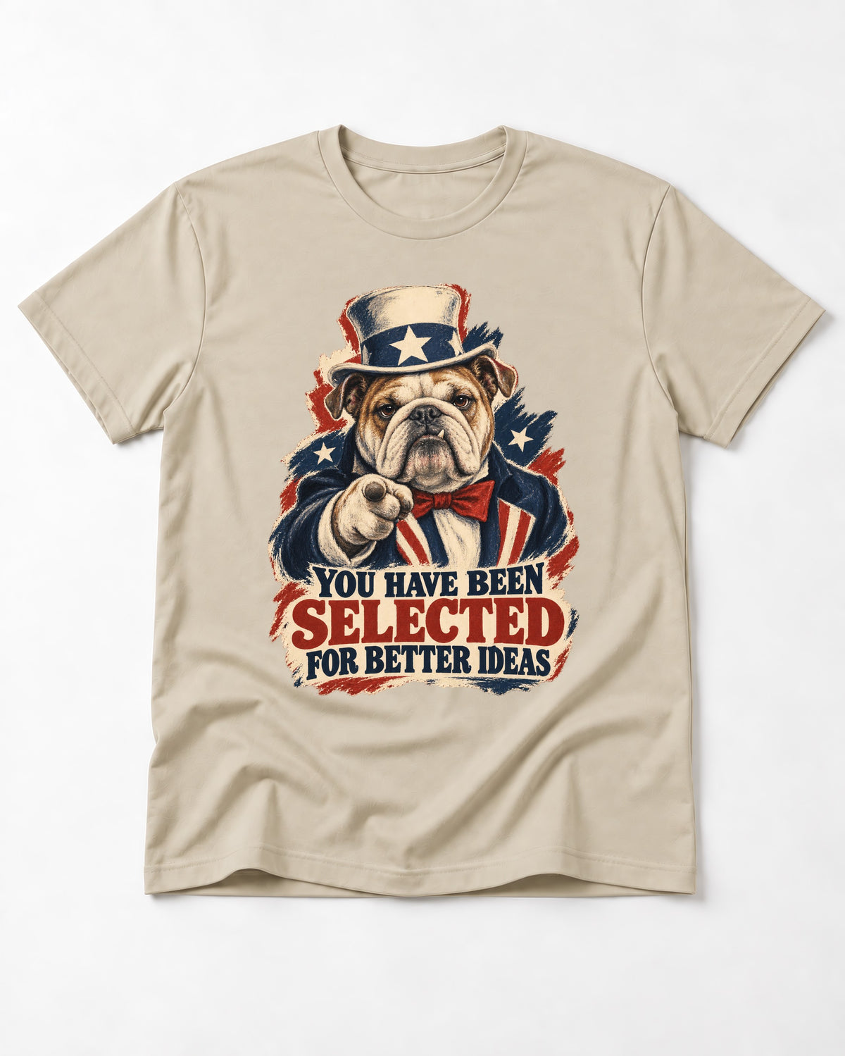 English Bulldog Selected for Better Ideas T-Shirt in Sand, flat lay product photo