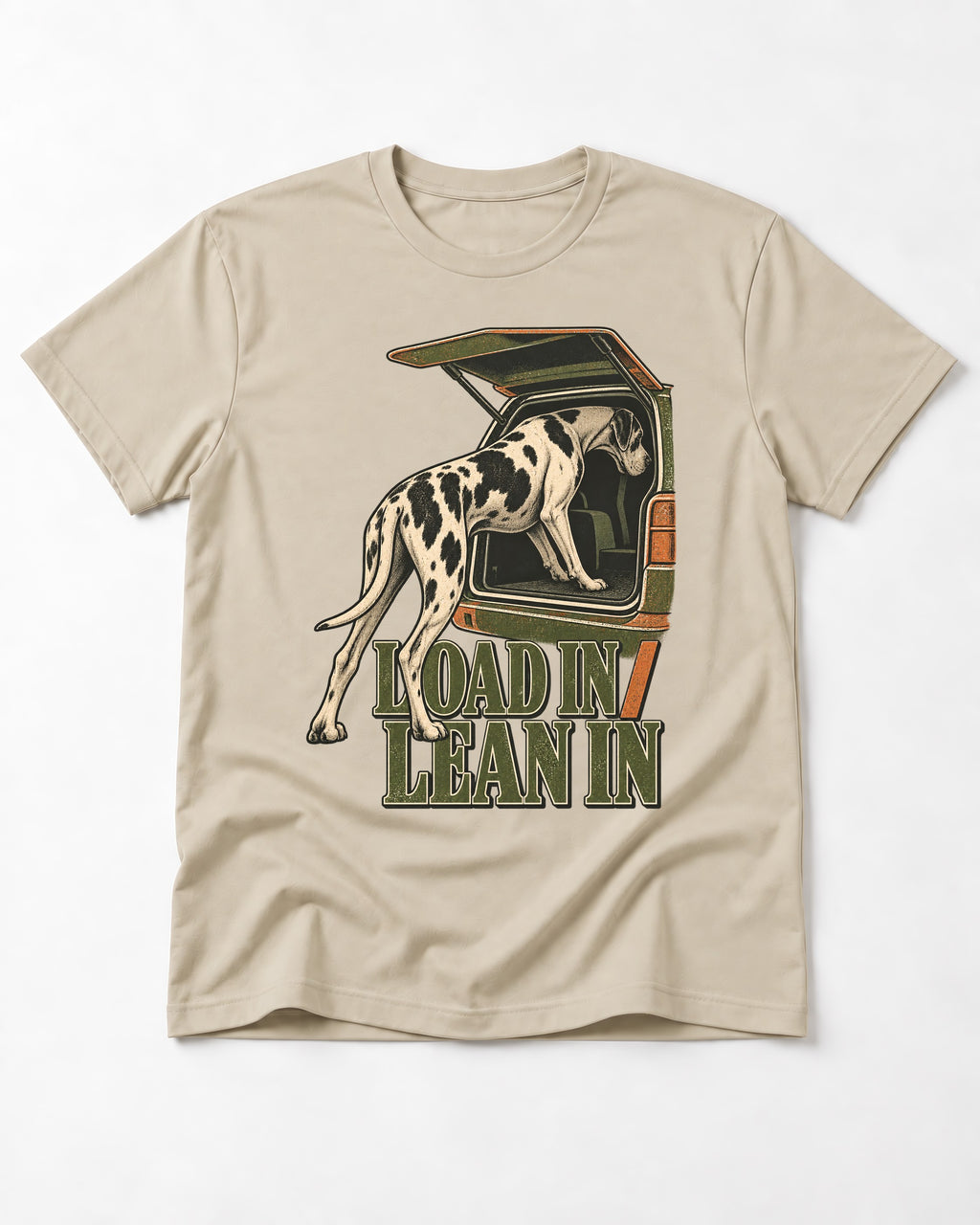 Great Dane Loadin' Leanin' T-Shirt in Sand, flat lay product photo
