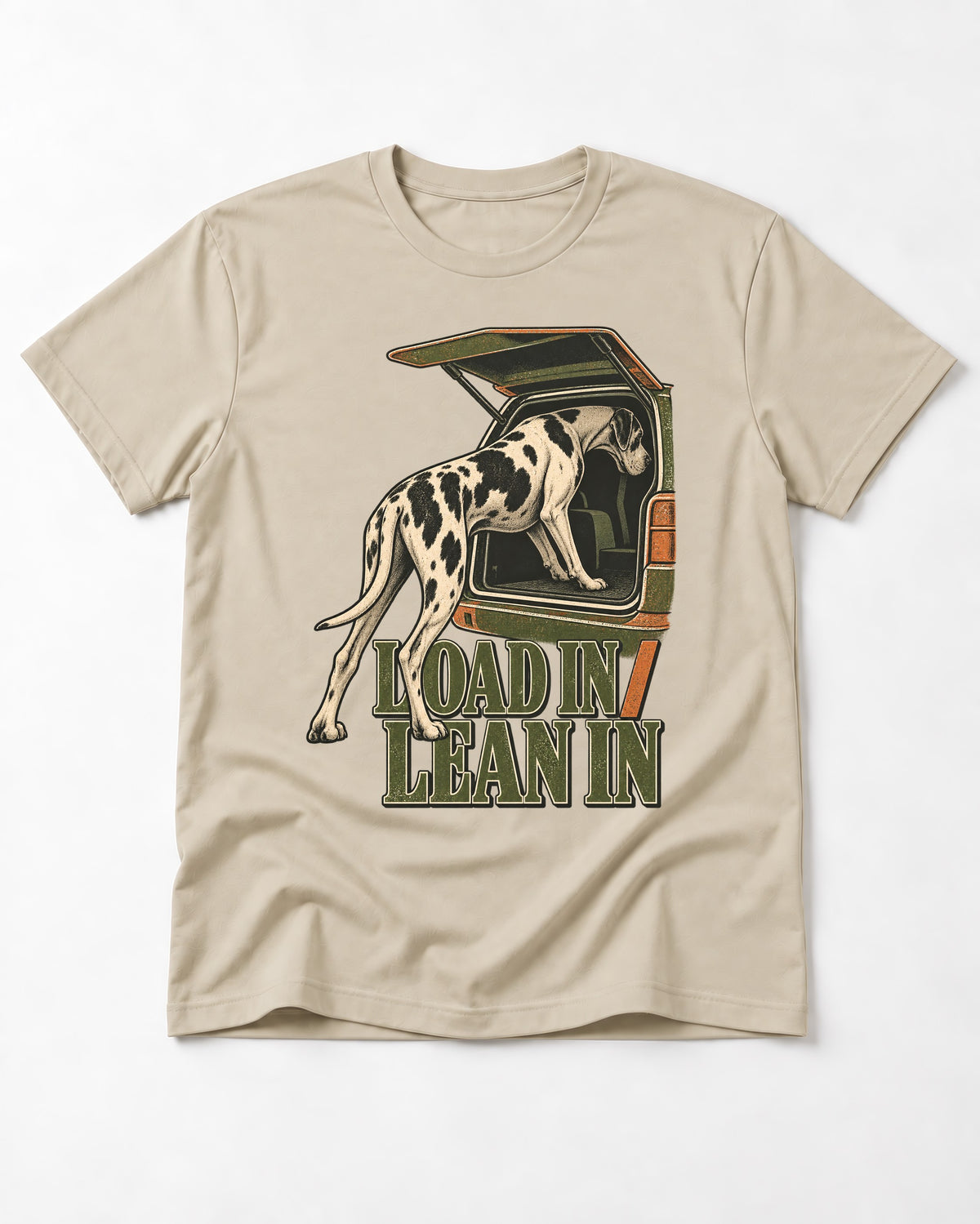 Great Dane Loadin' Leanin' T-Shirt in Sand, flat lay product photo