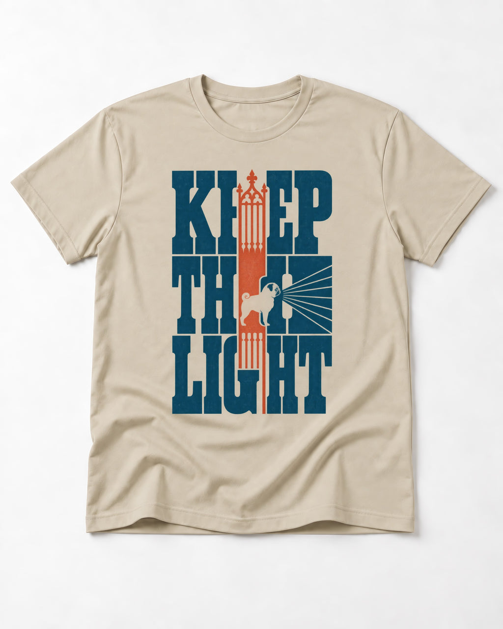 Keep the Pug Fight T-Shirt in Sand, flat lay product photo