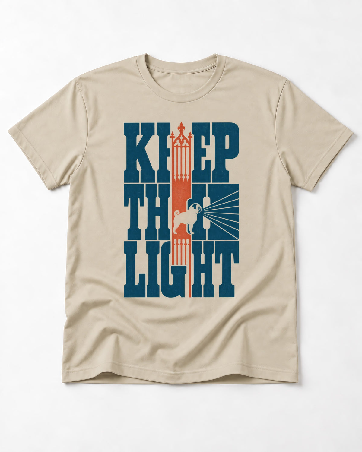 Keep the Pug Fight T-Shirt in Sand, flat lay product photo