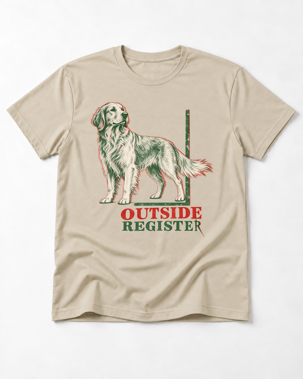 Outside Register Golden Retriever T-Shirt in Sand, flat lay product photo