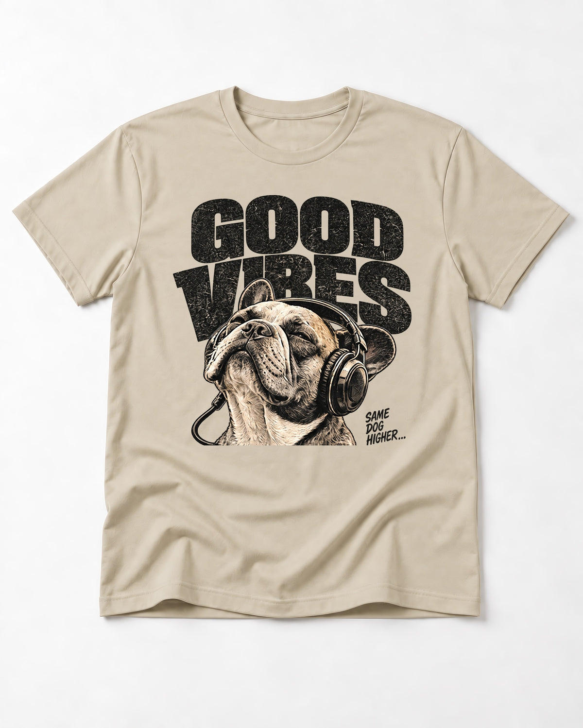 Frenchie Good Vibes T-Shirt in Sand, flat lay product photo