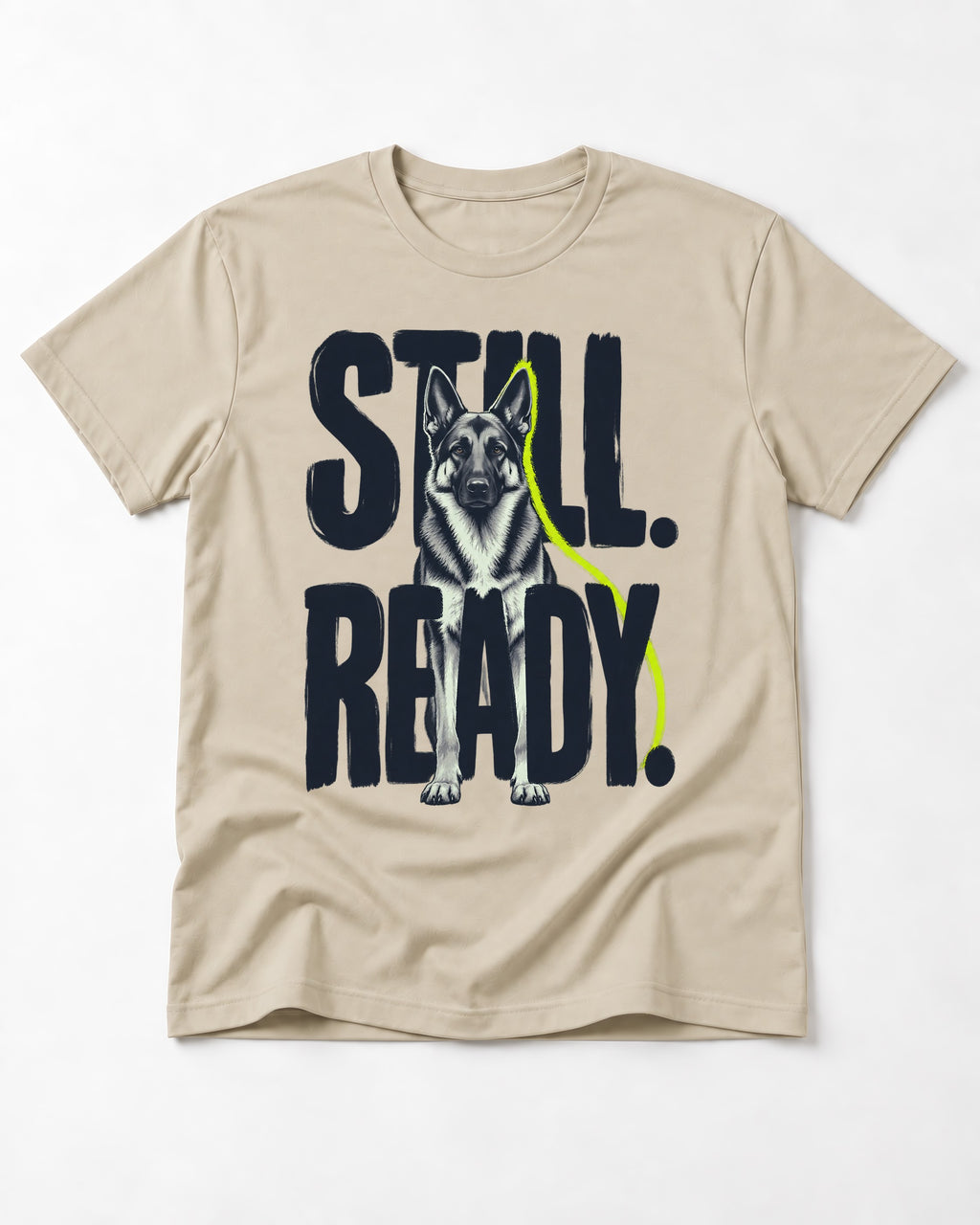 Still Ready German Shepherd Dog T-Shirt in Sand, flat lay product photo