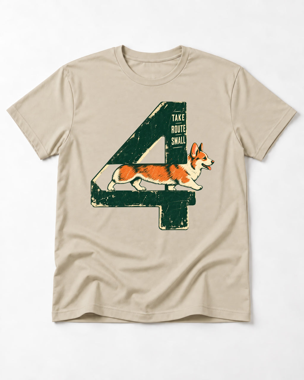 Take Route Small Corgi T-Shirt in Sand, flat lay product photo