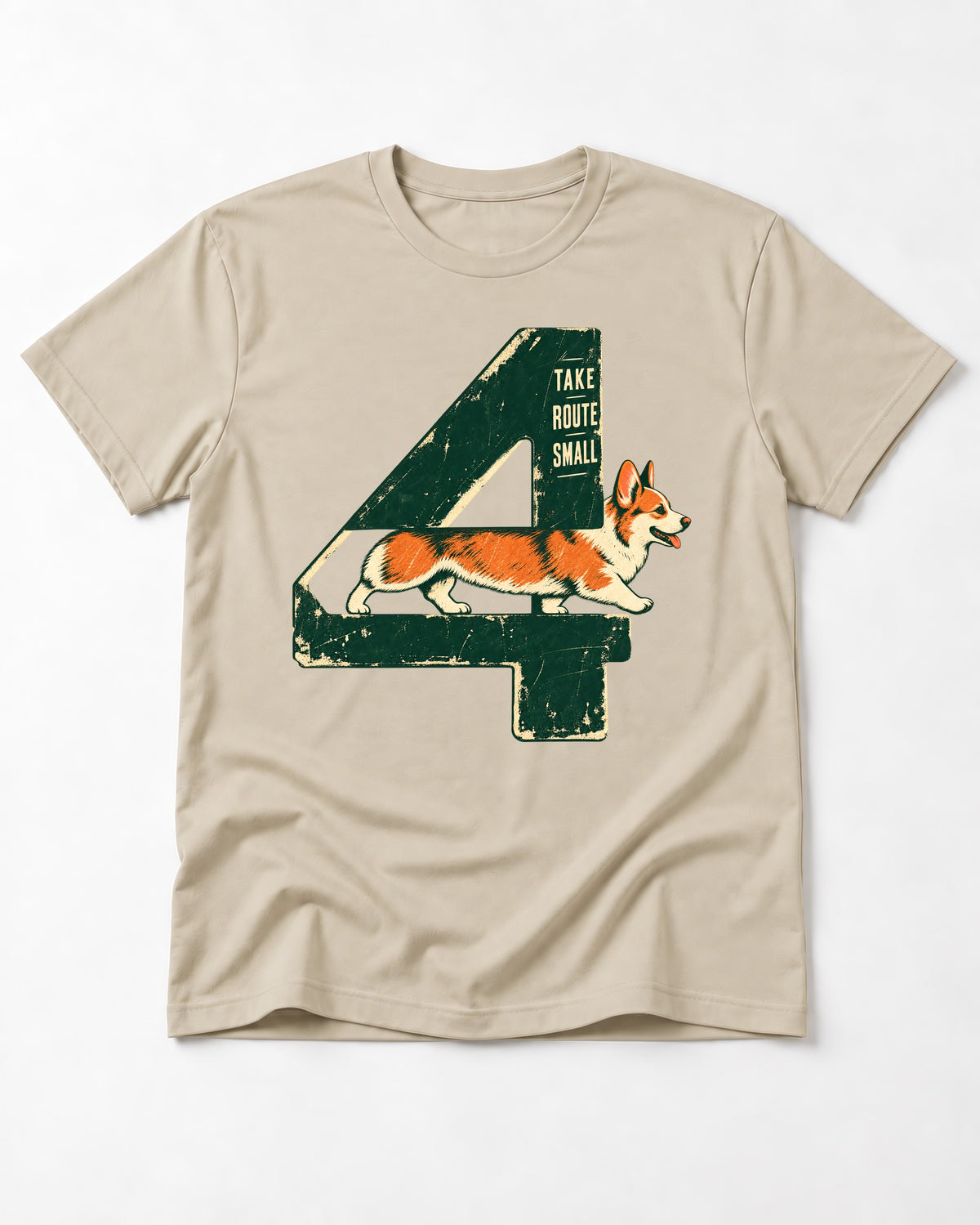 Take Route Small Corgi T-Shirt in Sand, flat lay product photo