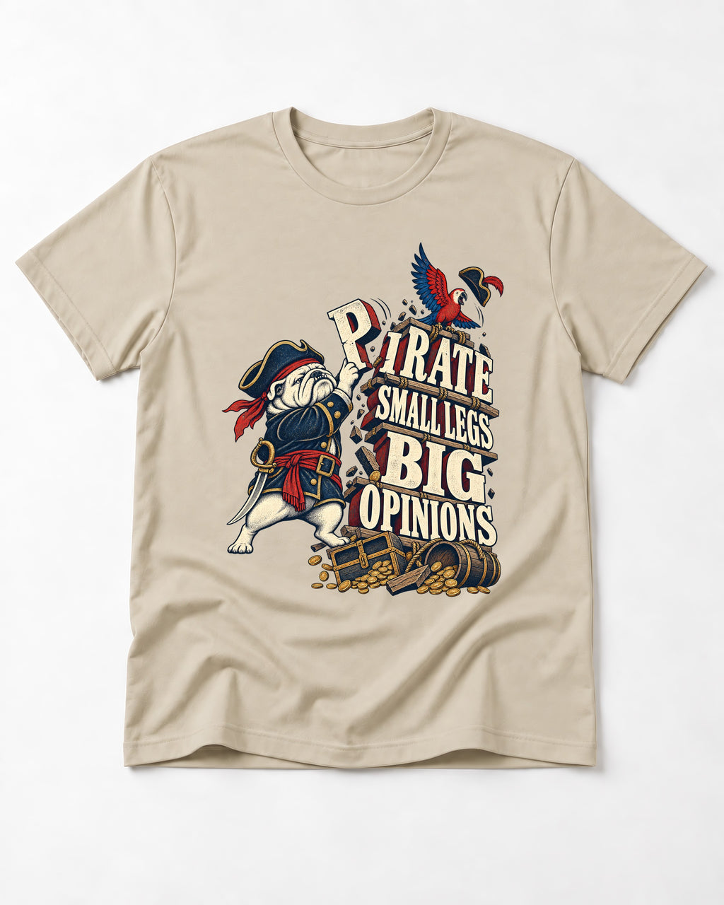 Pirate English Bulldog Big Opinions T-Shirt in Sand, flat lay product photo