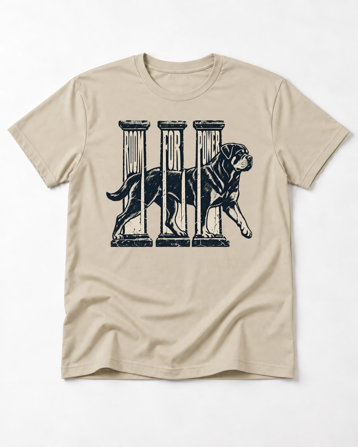 Room for Rottweiler Power T-Shirt in Sand, flat lay product photo