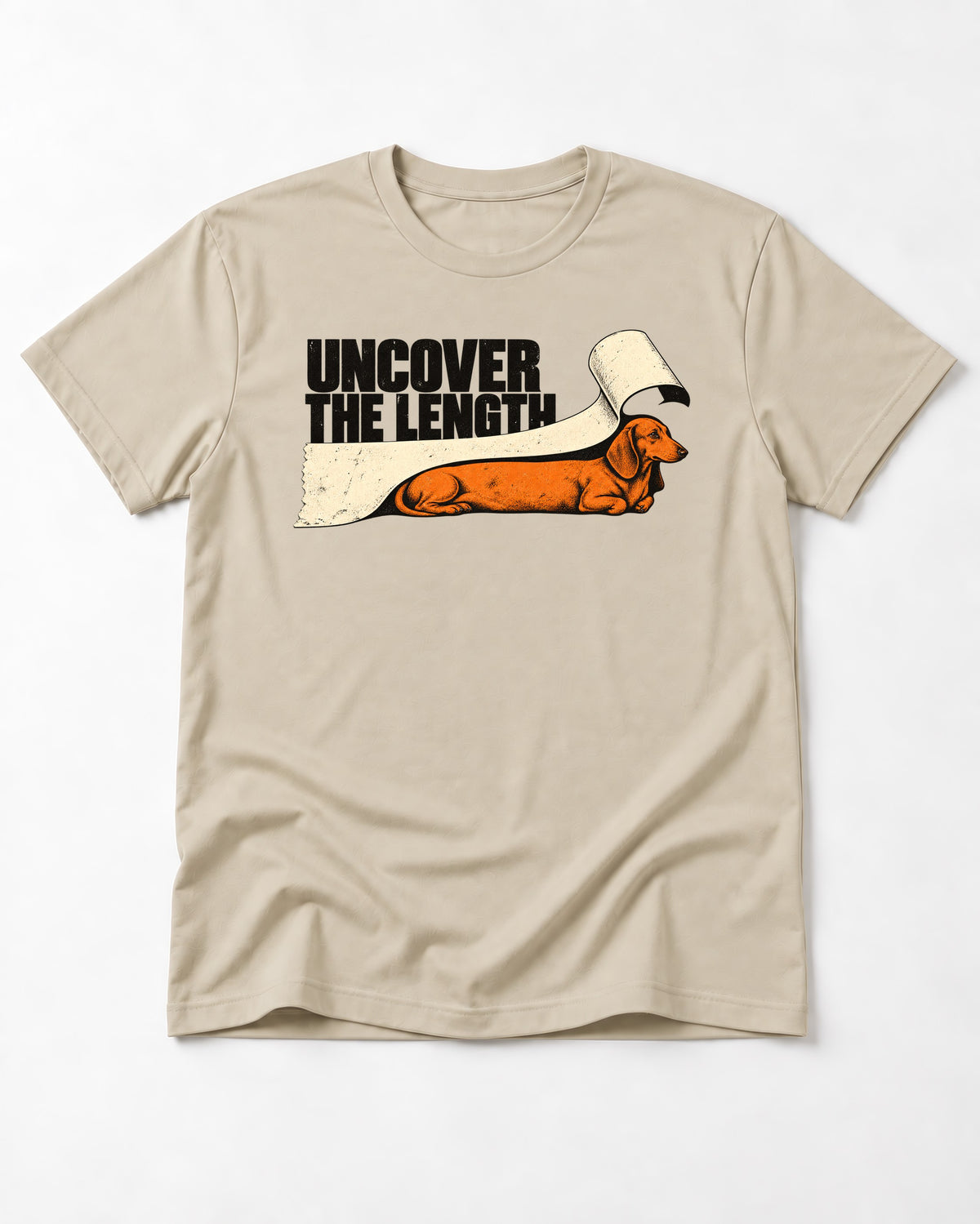 Uncover the Dachshund Length T-Shirt in Sand, flat lay product photo