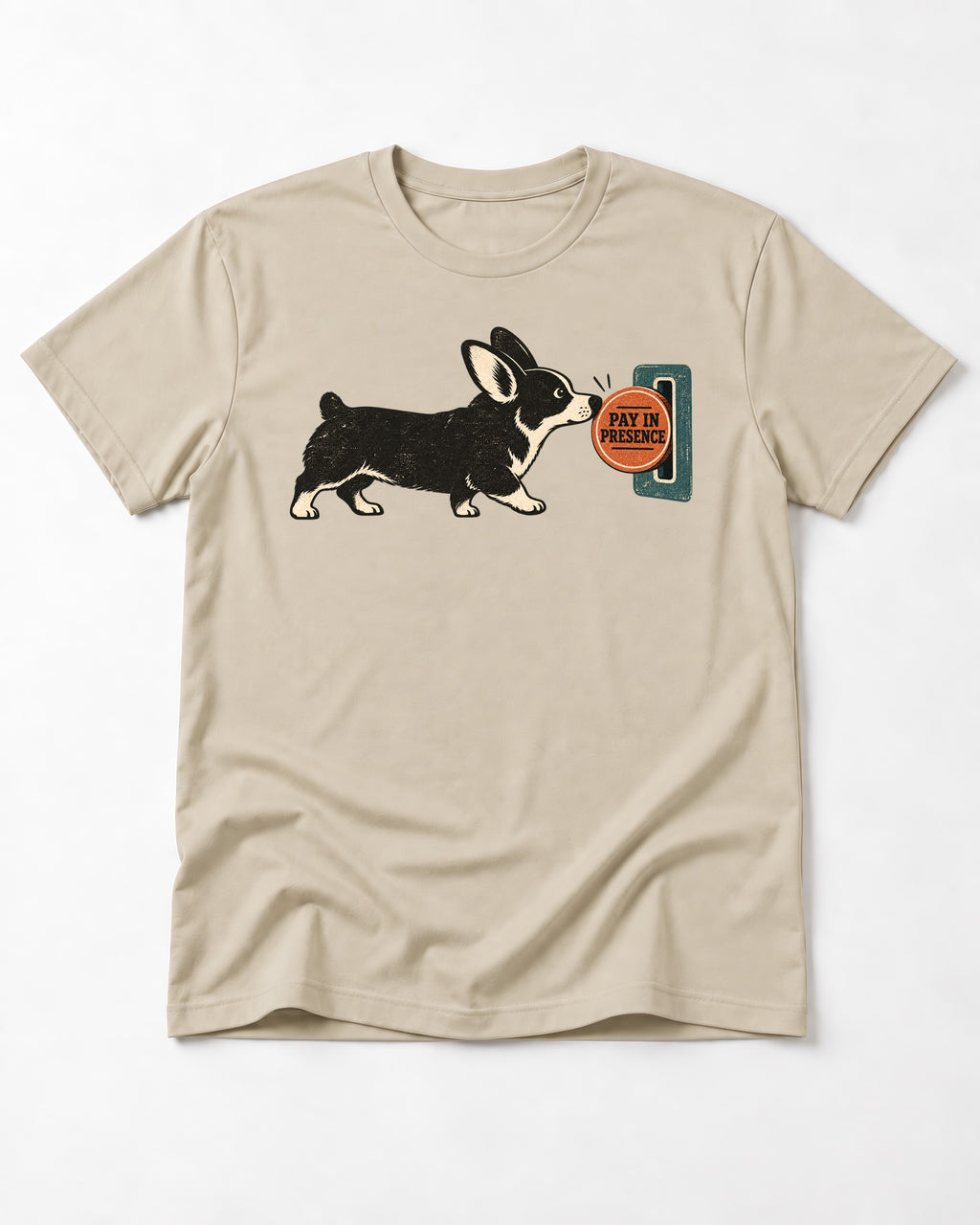 Corgi Pay in Presence T-Shirt in Sand, flat lay product photo