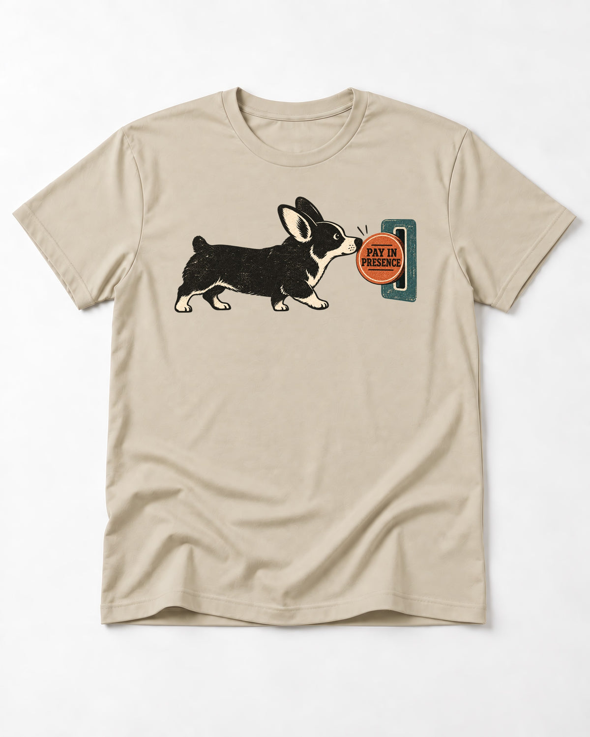 Corgi Pay in Presence T-Shirt in Sand, flat lay product photo