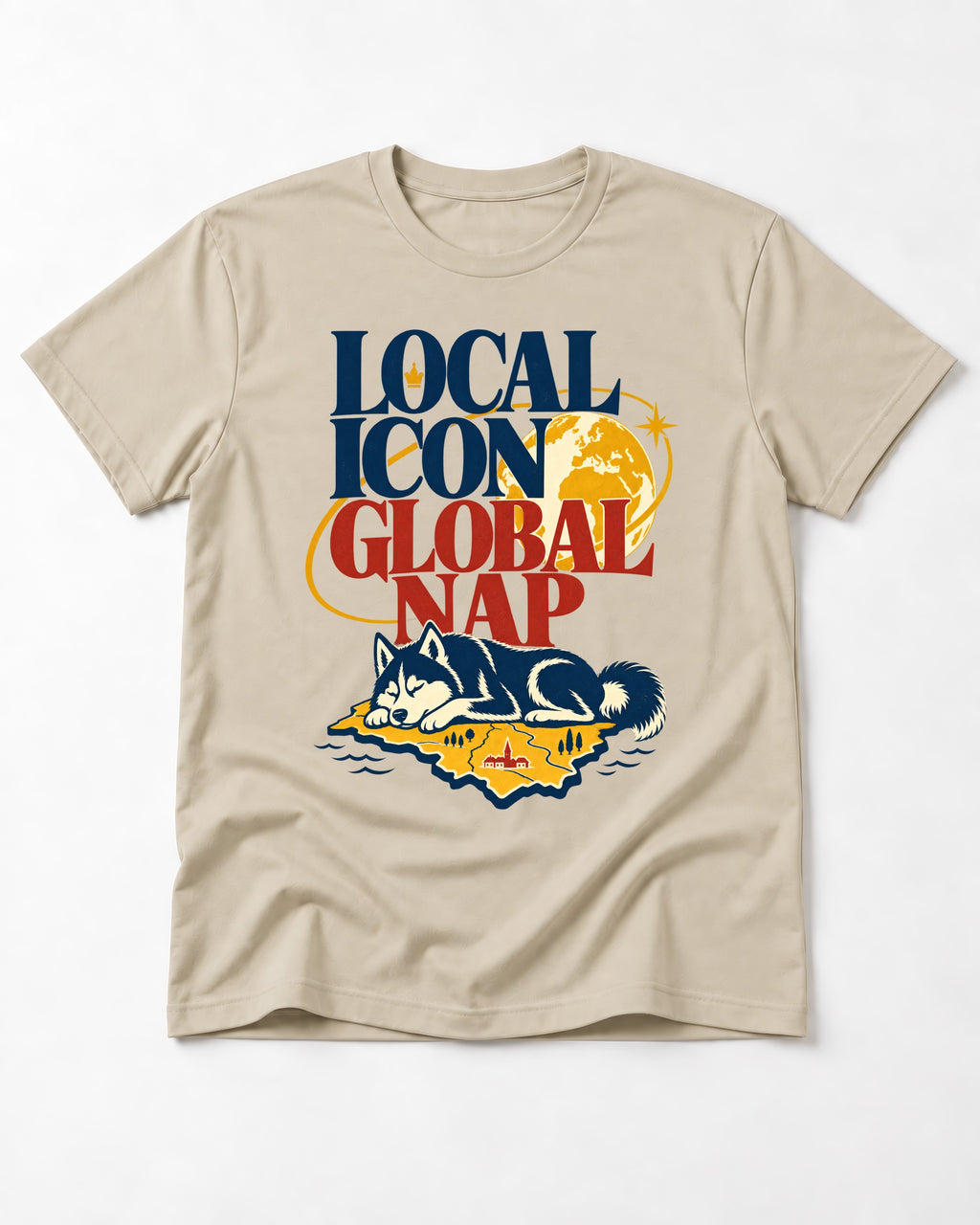 Husky Local Icon Global Nap T-Shirt in Sand, flat lay product photo