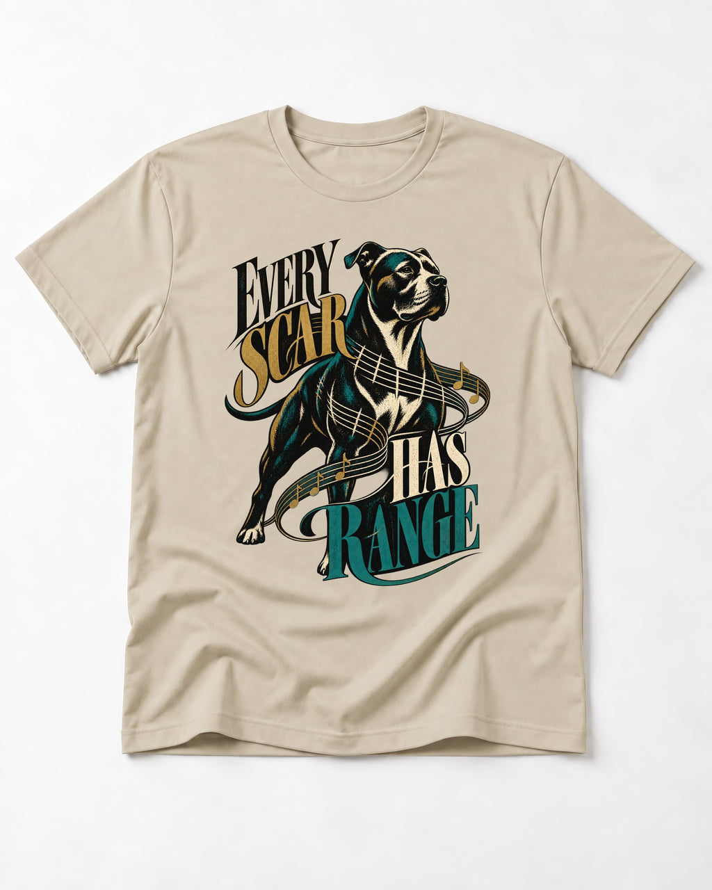 Every Pitbull Scar Has Range T-Shirt in Sand, flat lay product photo