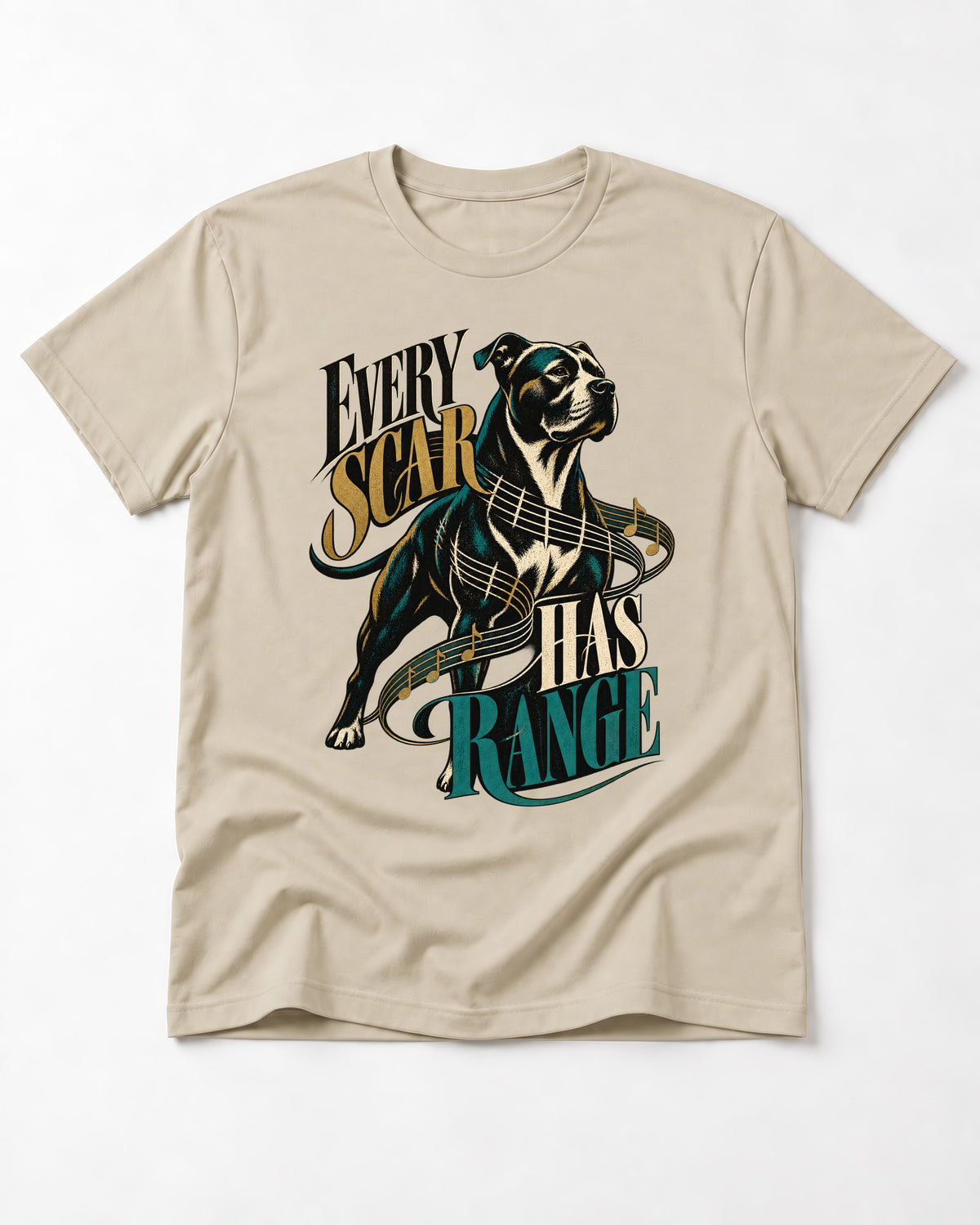 Every Pitbull Scar Has Range T-Shirt in Sand, flat lay product photo