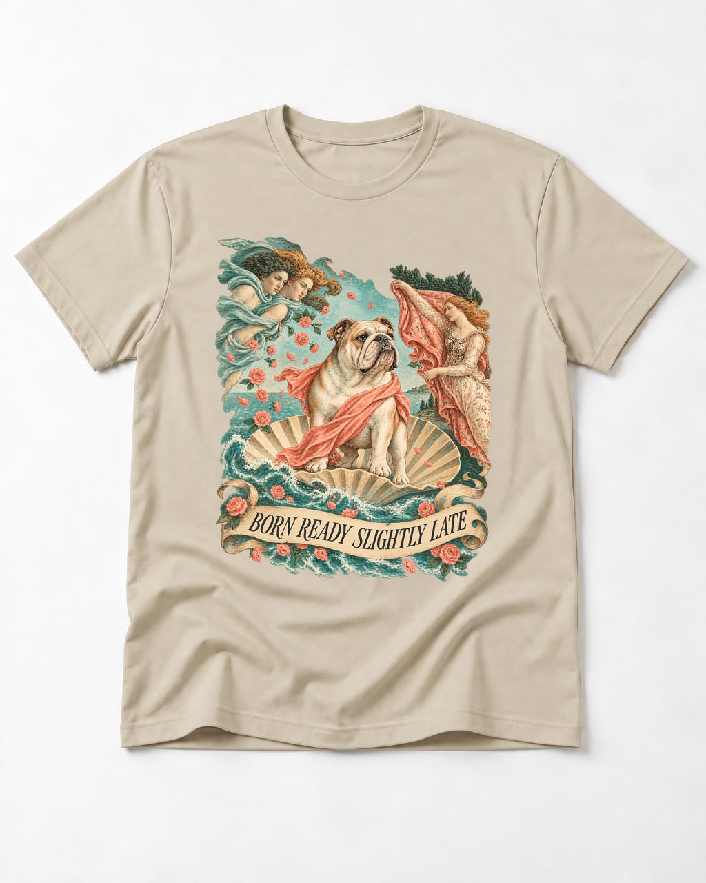 Born Ready Slightly Late English Bulldog T-Shirt in Sand, flat lay product photo