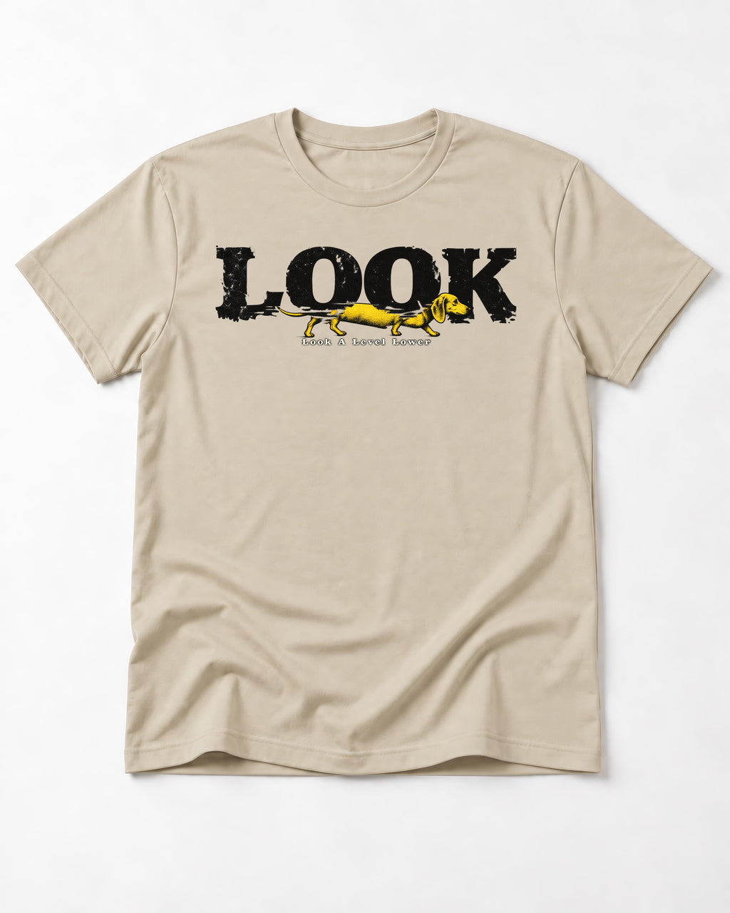 Look Lower for Dachshund T-Shirt in Sand, flat lay product photo
