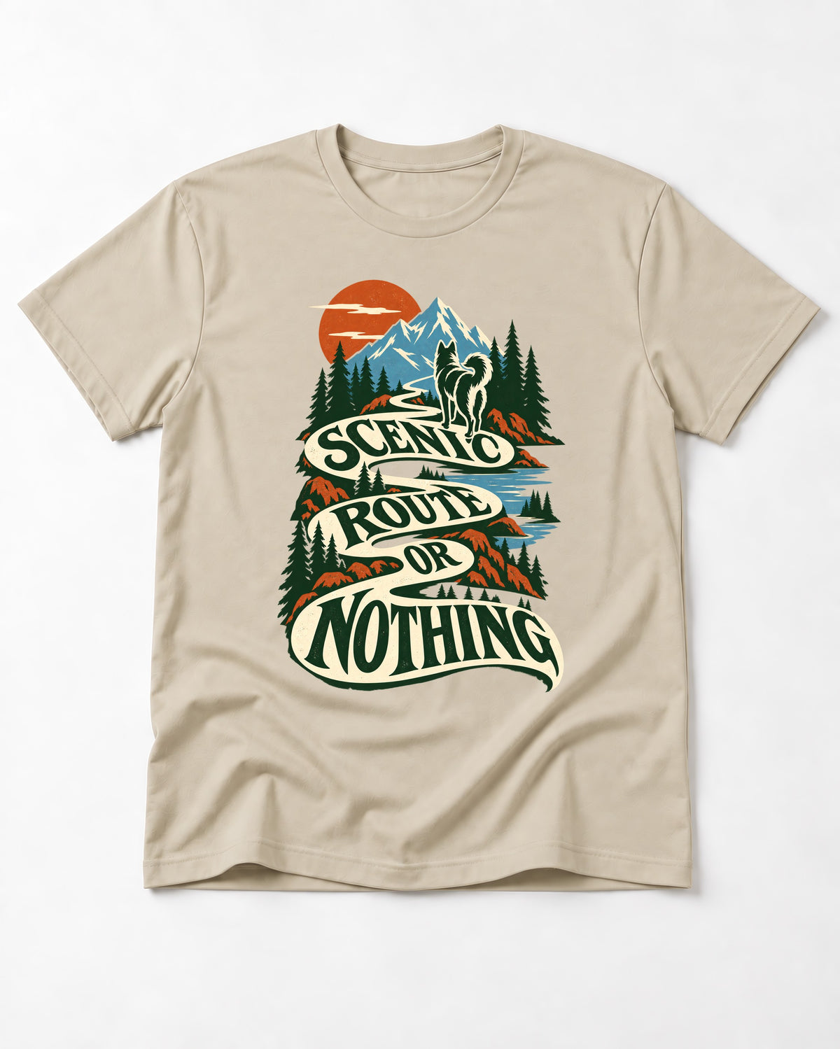 Husky Scenic Route or Nothing T-Shirt in Sand, flat lay product photo