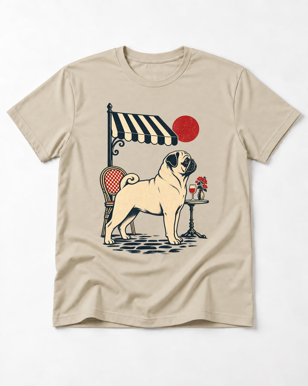 Pug Joie De Vivre T-Shirt in Sand, flat lay product photo
