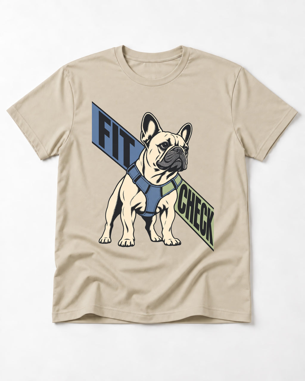 Frenchie Fit Check T-Shirt in Sand, flat lay product photo