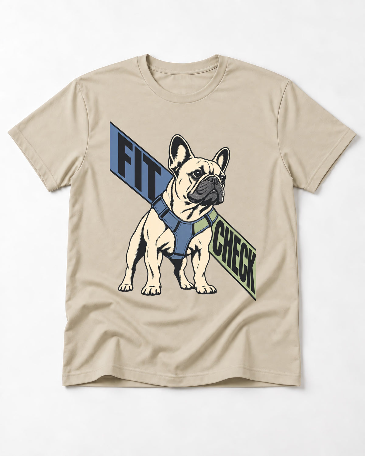 Frenchie Fit Check T-Shirt in Sand, flat lay product photo