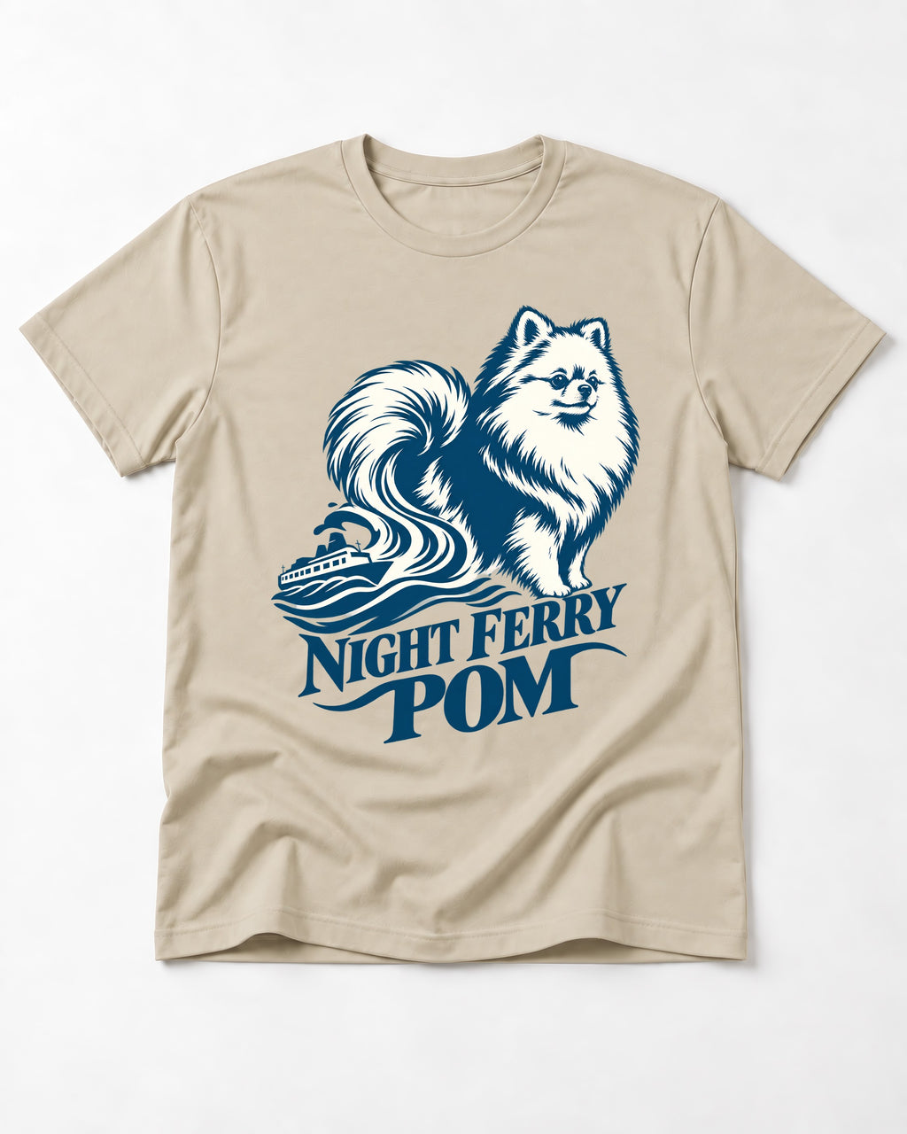 Night Ferry Pomeranian T-Shirt in Sand, flat lay product photo
