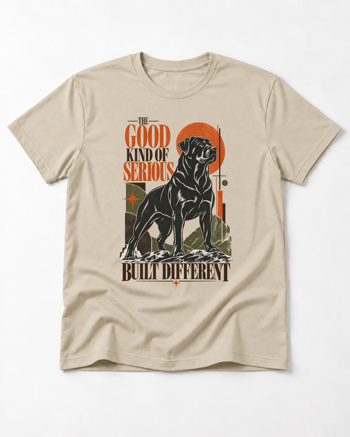 Rottweiler Built Different T-Shirt in Sand, flat lay product photo