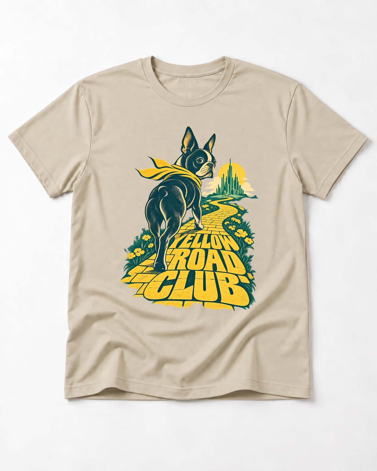 Boston Terrier Yellow Road Club T-Shirt in Sand, flat lay product photo