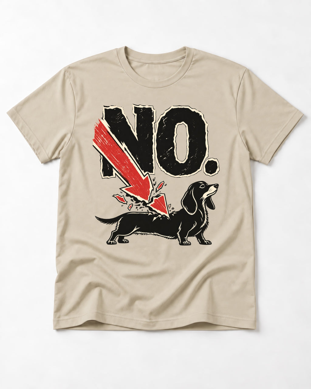 Dachshund Says No T-Shirt in Sand, flat lay product photo