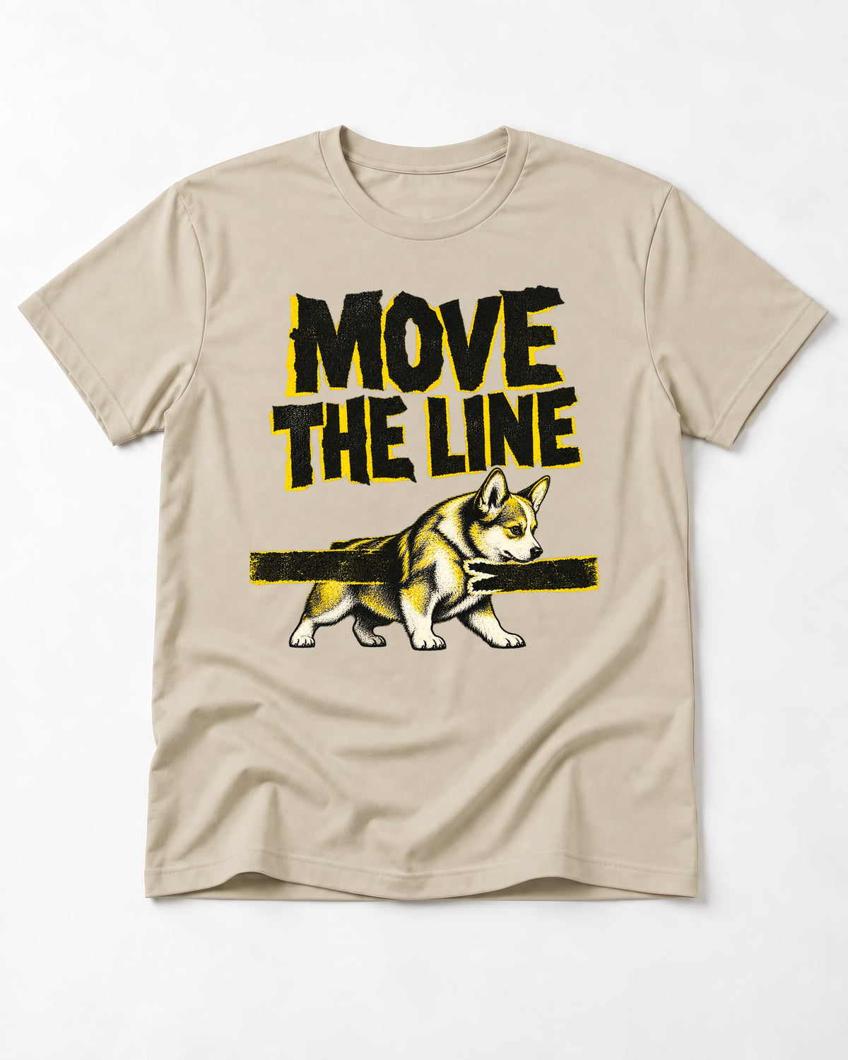 Corgi Move the Line T-Shirt in Sand, flat lay product photo